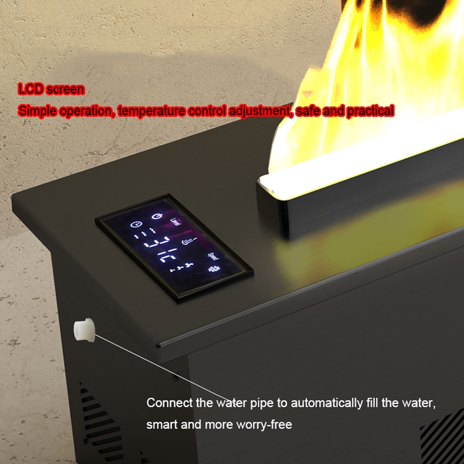 Elektryczny kominek 750/1500 W elektryczny kominek z regulowanymi 6 kolorami płomienia, pilotem zdalnego sterowania i inteligentnym wyświetlaczem LCD, ochroną przed przegrzaniem, wkład kominkowy