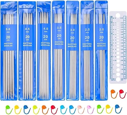 Zuoyou Juego de 35 agujas de tejer de doble punta, 7 tamaños de pasadores de tejer de acero inoxidable de 0.079 in a 0.197 in, para principiantes en