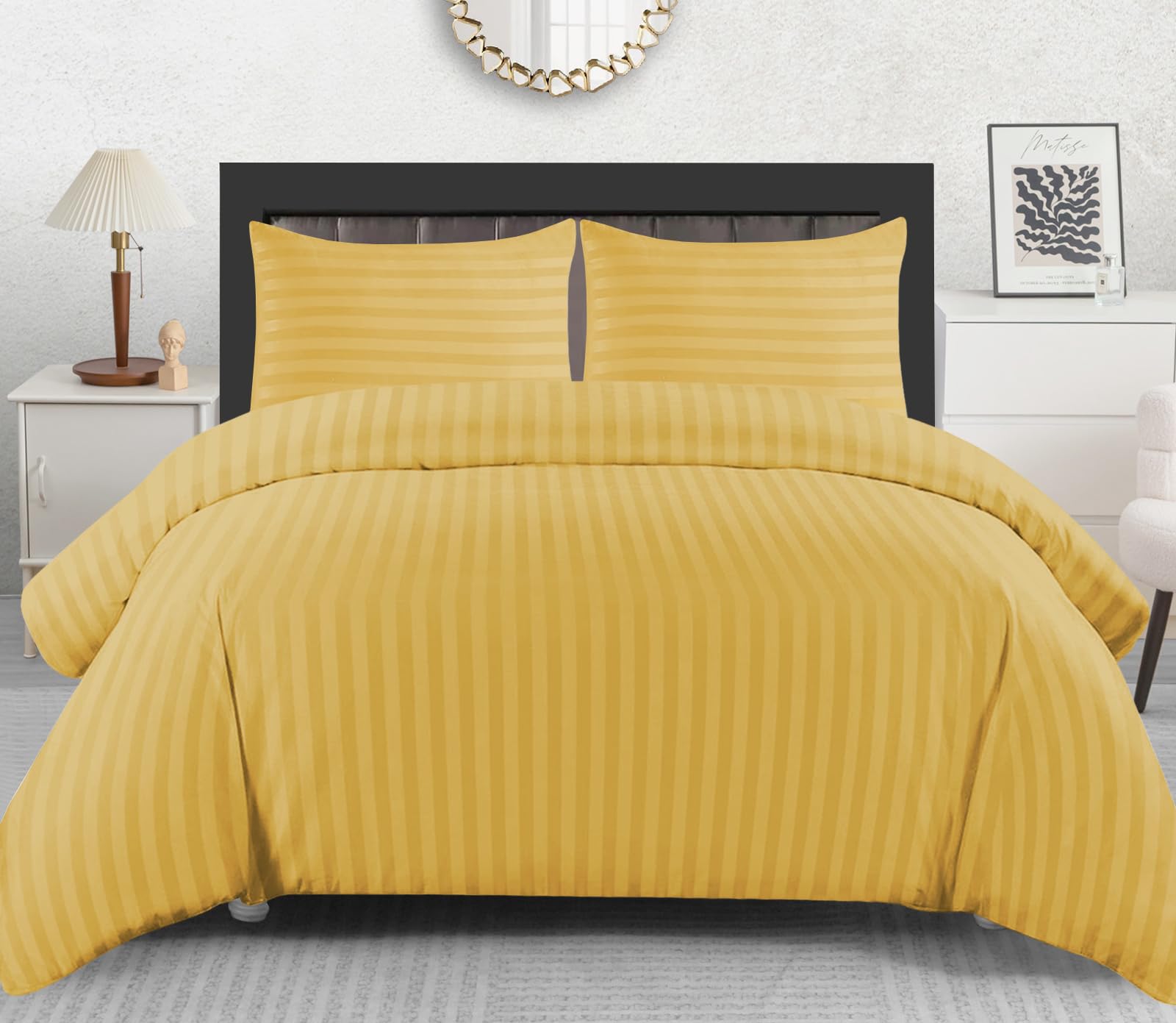 Pamposh Microfibre Duvet Cover Set Super King Yellow Embossed Stripe