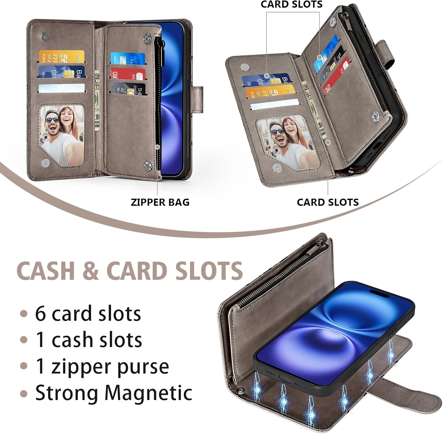 Asuwish Phone Case for iPhone 16 6.1 inch Zipper Wallet Magnetic Detachable Cell Cover with Tempered Glass Screen Protector Crossbody Strap Mandala Flower Card Holder i Phone16 i16 16Case Women Gray