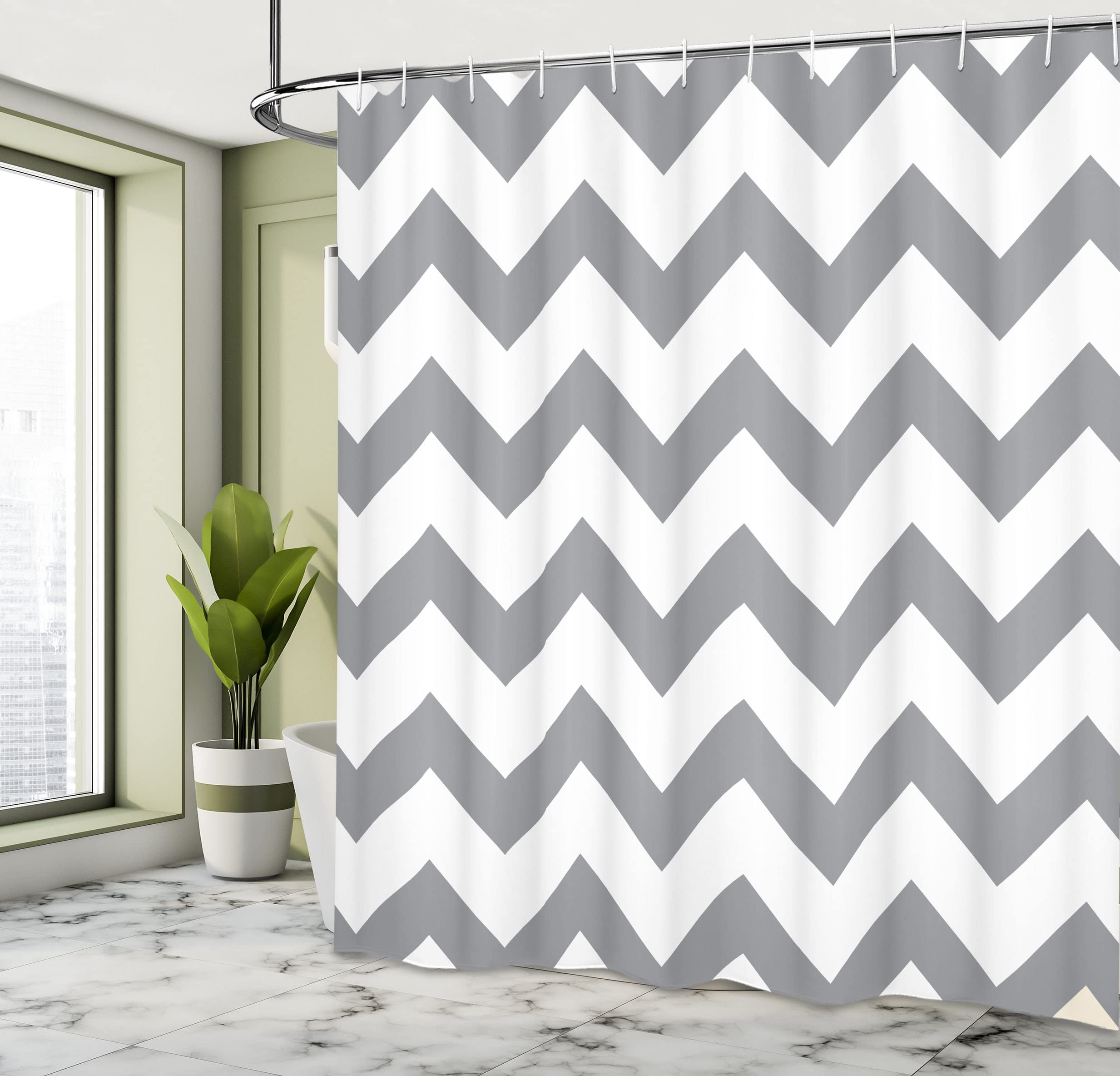 ABAKUHAUS Grey Shower Curtain, Grey and White Chevron Pattern Classic Geometrical Horizontal Zig Zag Stripes Retro - Image 4