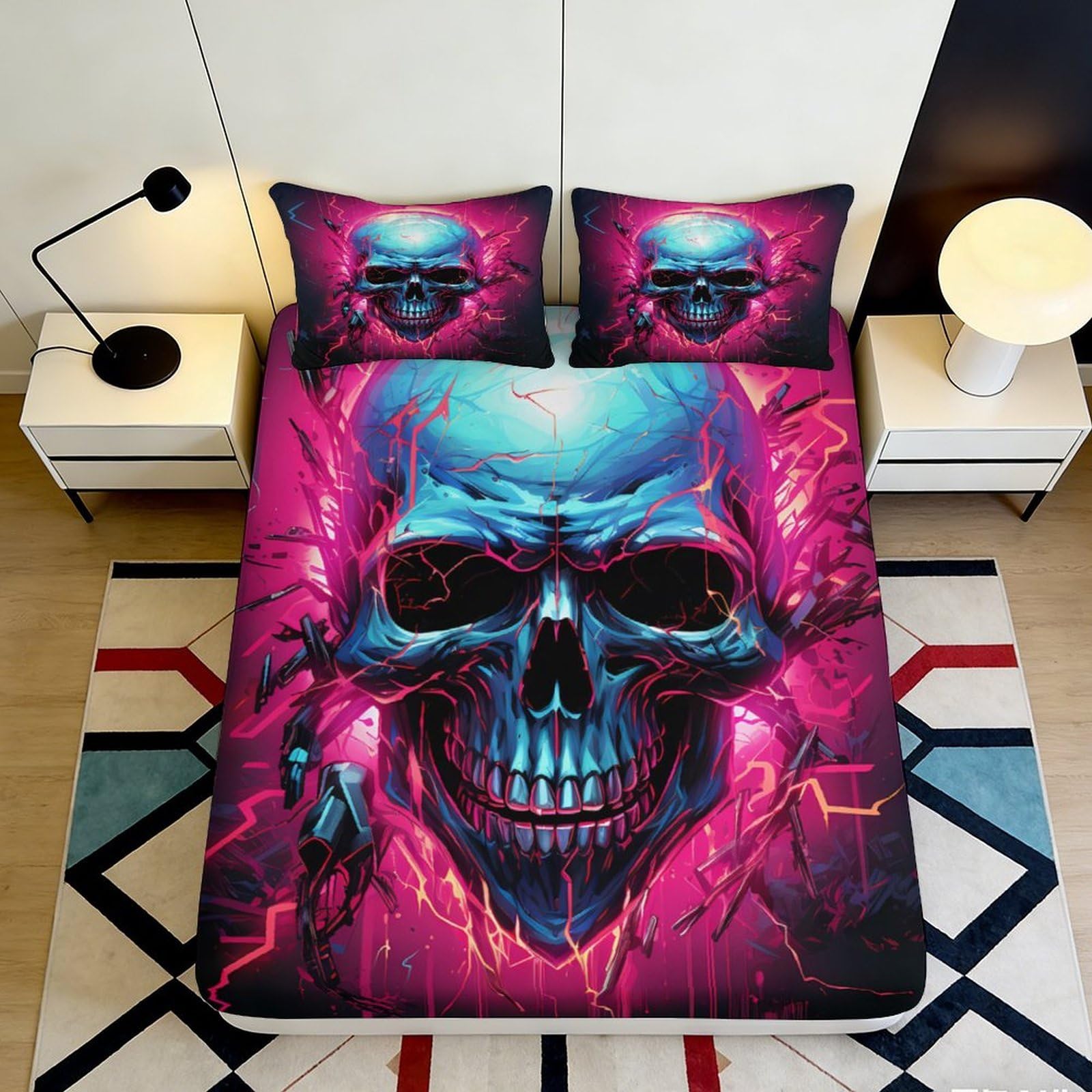 3D Printed Neon Skull Fitted Sheet Microfiber Soft Breathable Lightning Bed Cover for Bedroom Dormitory Guest Room Mattress Protection Decor 90x200x25cm