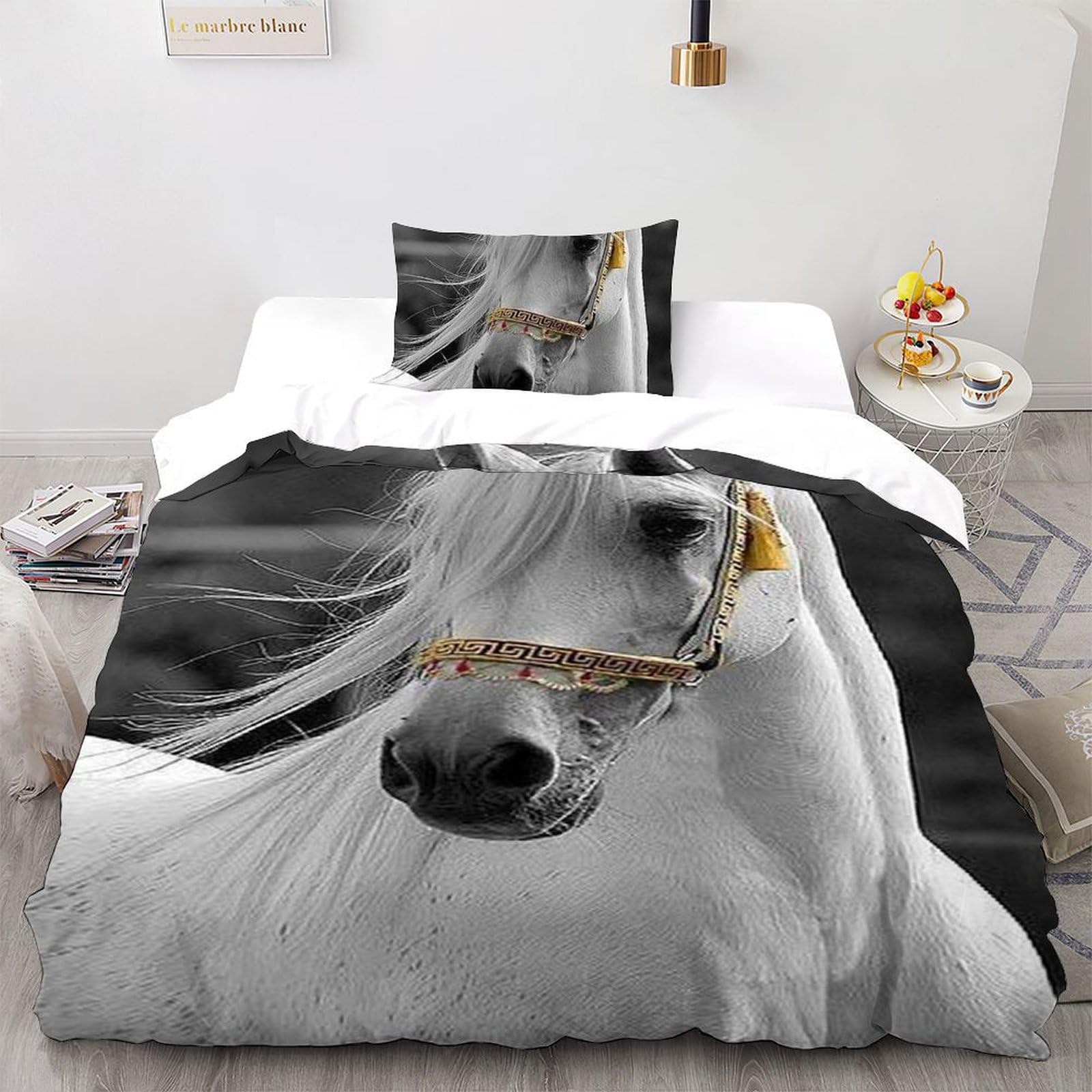Housse de couette cheval blanc 135x200 microfibre avec fermeture pour lit simple enfant