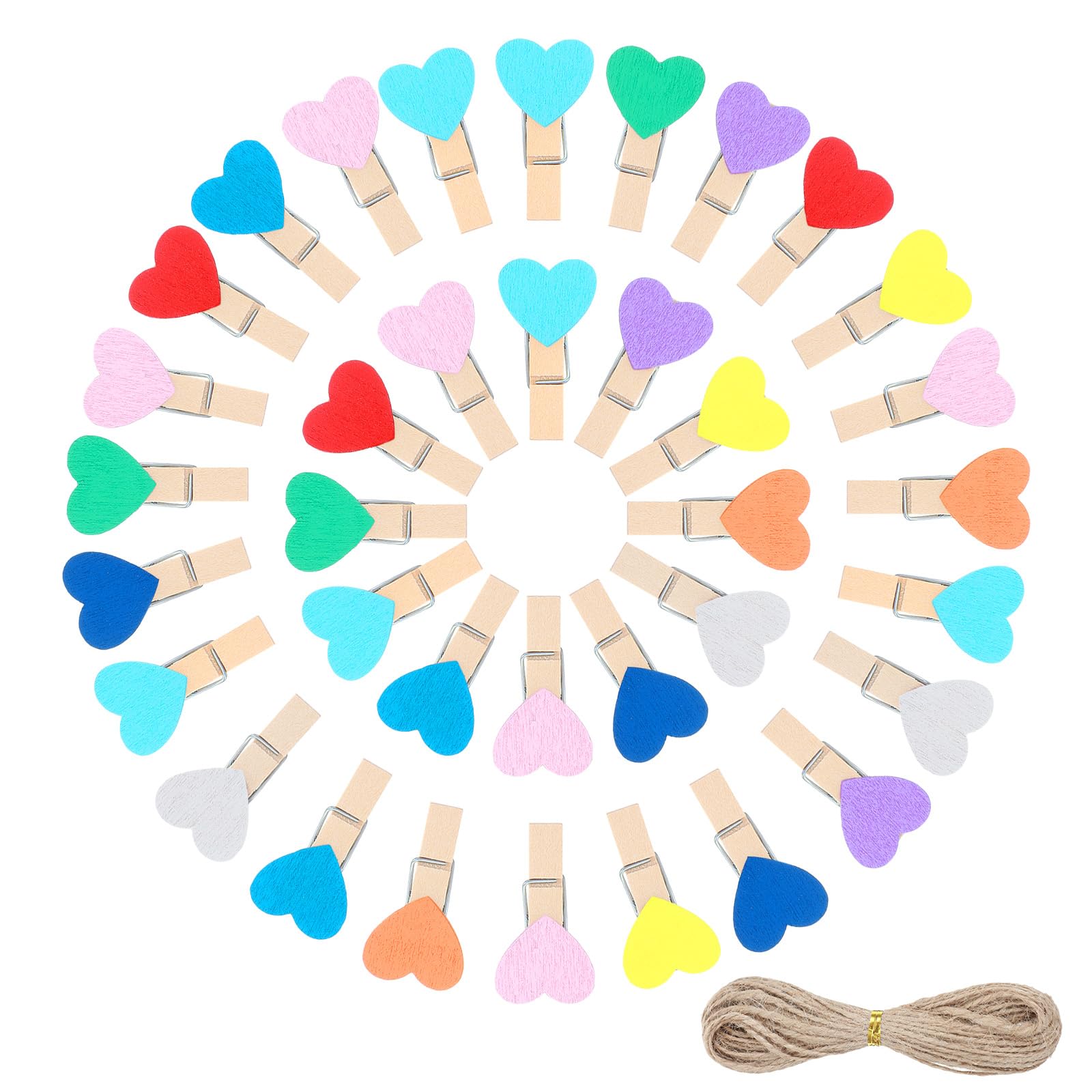 50PCS Mini Wooden Heart Pegs for Washing Line, Mini Wooden Pegs For Photos, Small Peg and String, Colorful Photos Clips for Arts Crafts Picture Paper Hanging