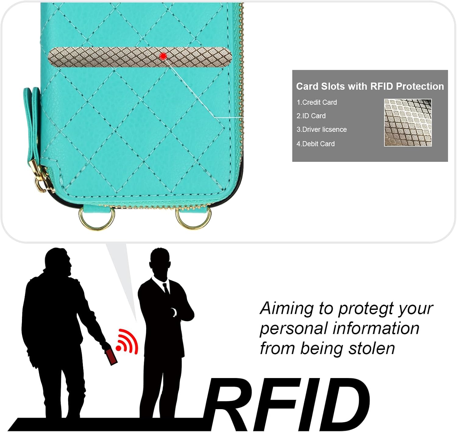 Bocasal Crossbody Wallet Case for iPhone 16 Pro, RFID Blocking PU Leather Zipper Handbag Purse Flip Cover, Kickstand Folio Case with Card Slots Holder Wrist Strap Lanyard 5G 6.3 Inch (Mint Green)
