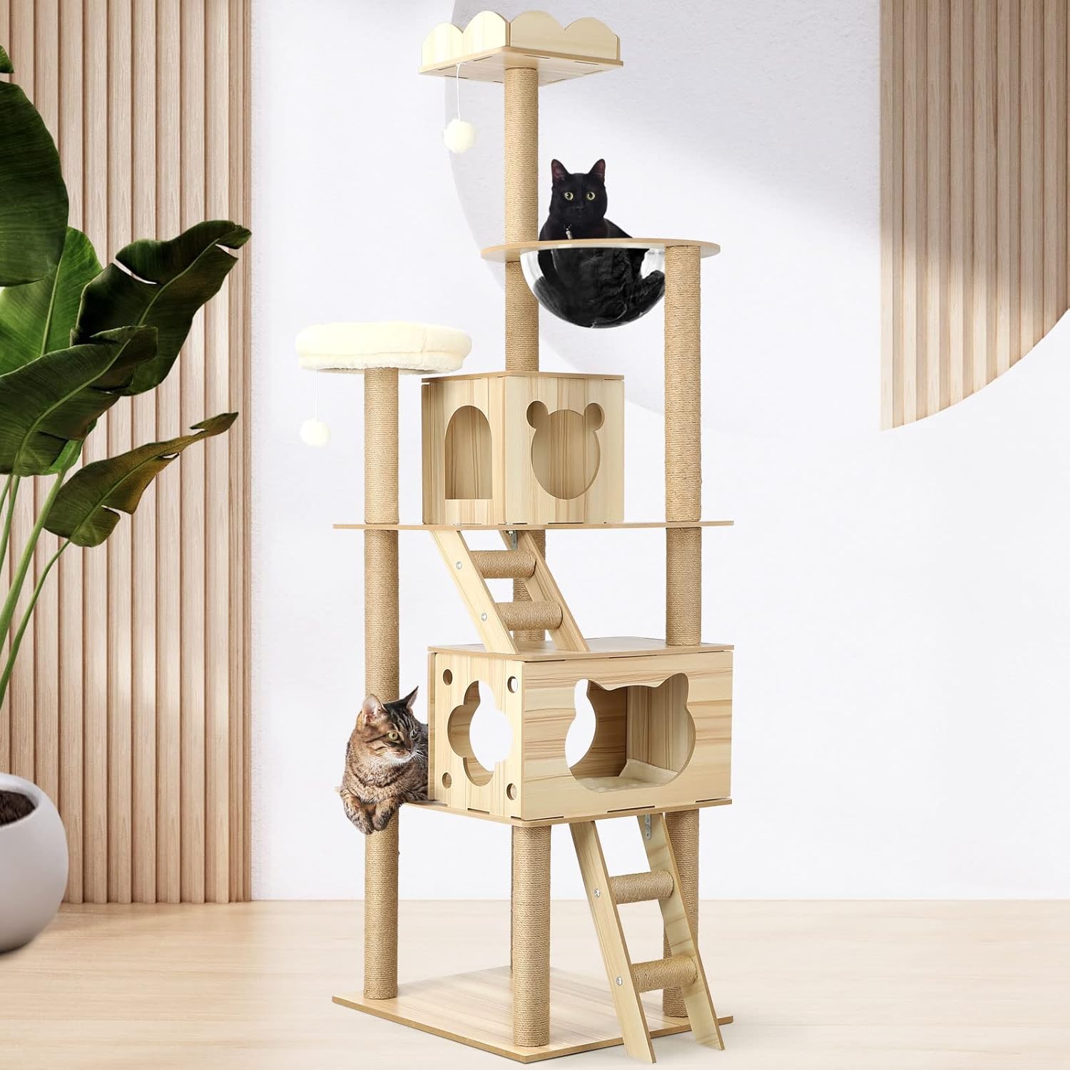 Alopet 190cm Cat Tree with Ladder, Wooden Cat Tower Cat Condo and Cat