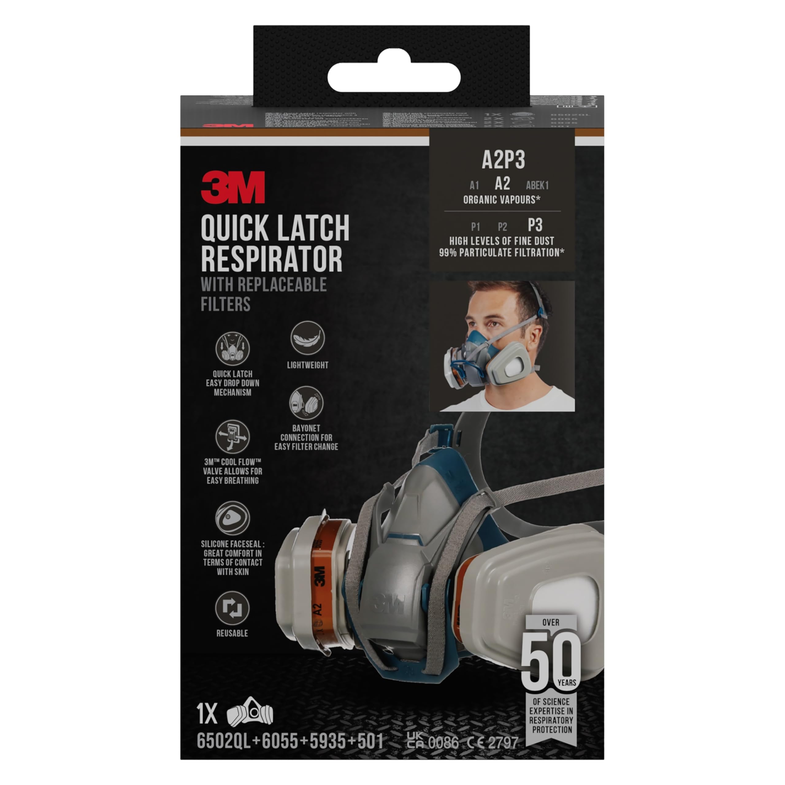3M Respirador para pintura pulverizada 6502QL, A2P3, 1 set