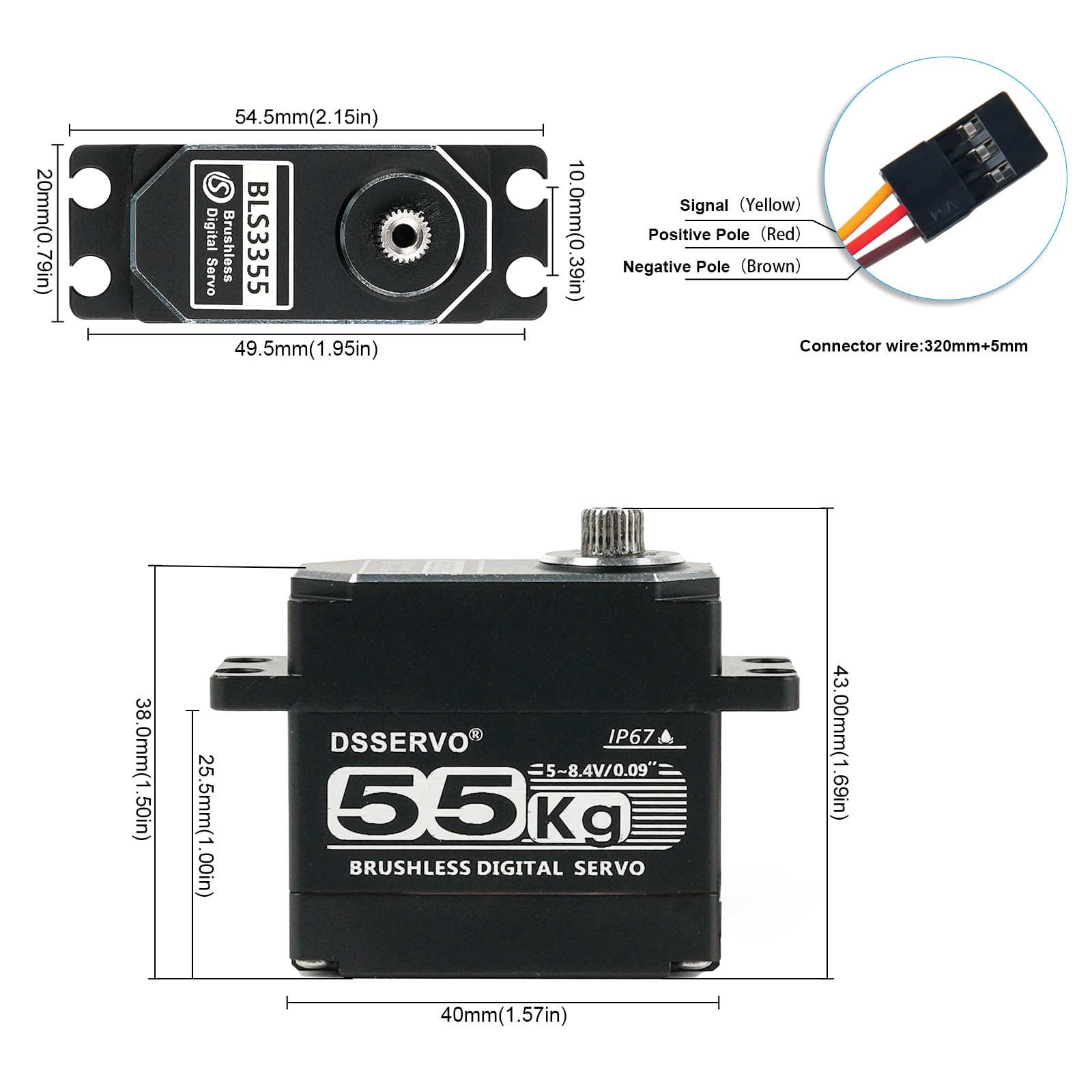 55kg Brushless Servo High Speed RC Digital Servo Waterproof IP67 Full Metal High Torque Servo for 1/8 1/10 RC Car Crawler (BLS3355) (55kg, 270°)