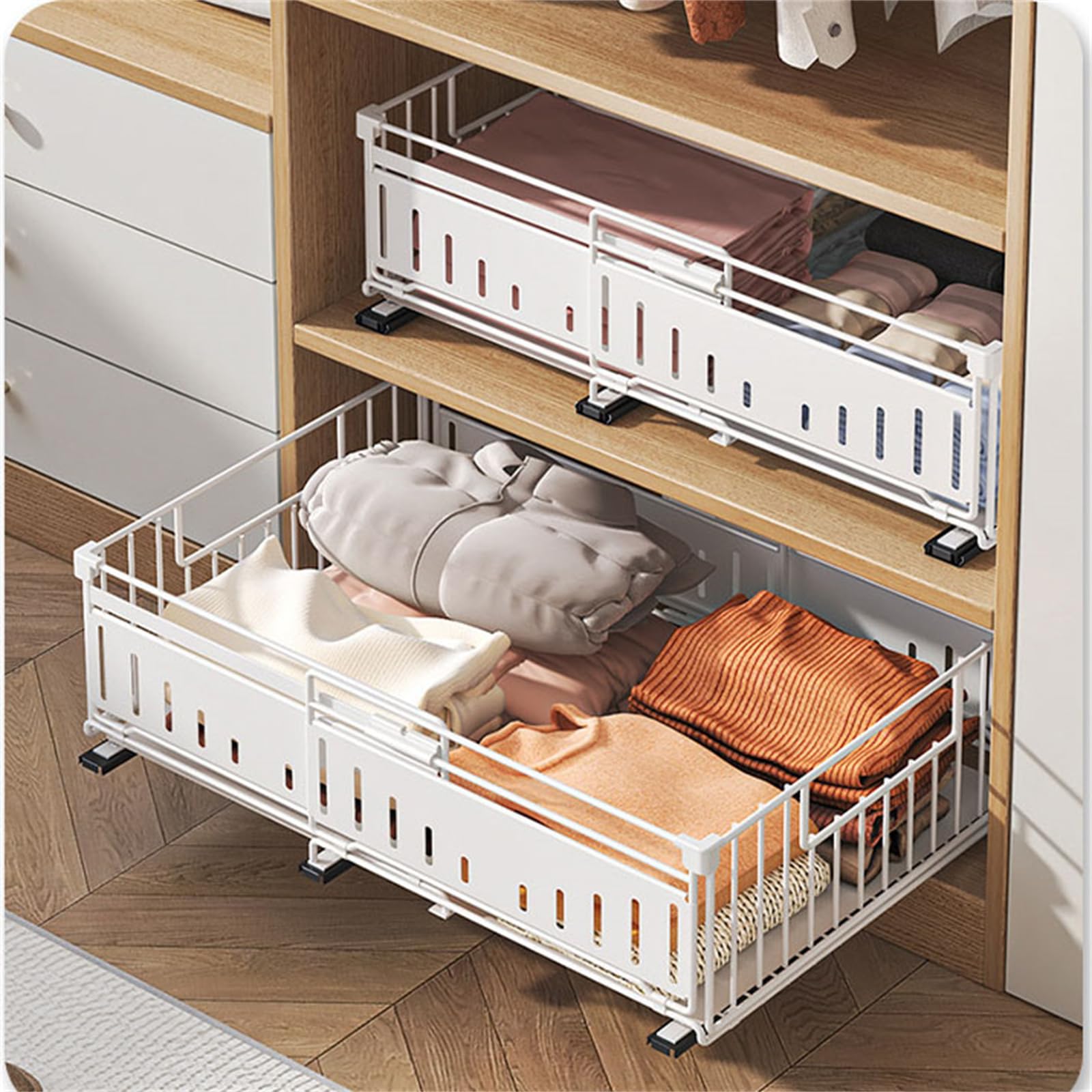 Teleskopschublade Küchen Aufbewahrungsregale Organizer Ohne Bohren Ausziehbare Schubladen Metall Küchenregal Spülschrank Regal Für Küche Pantry Organisation, Einstellbare Breite 32.5-50Cm,Schwarz,2Pcs