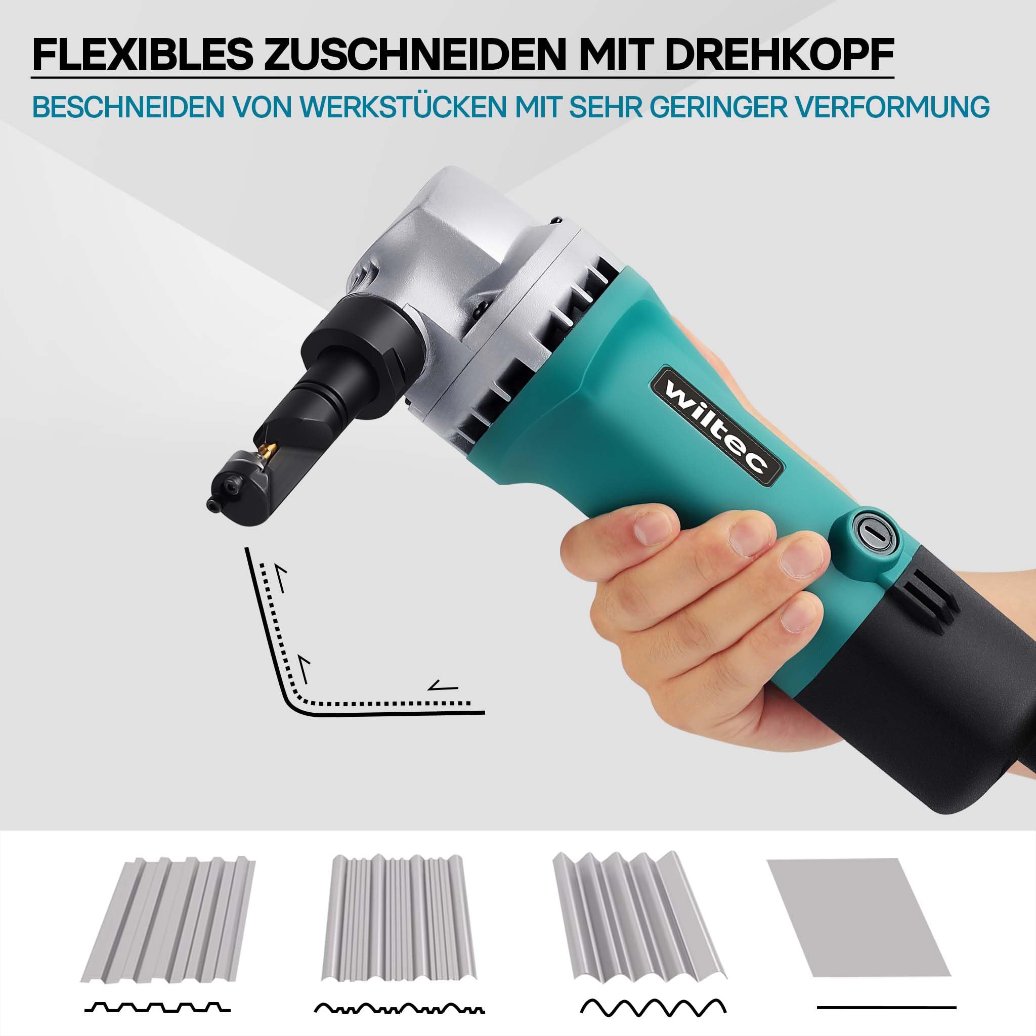 Wiltec Blechknabber 500 W mit Schnitttiefe bis 2,5 mm, Blechnibbler mit um 360° drehbarem Knabberkopf, Nibbler Blechschere