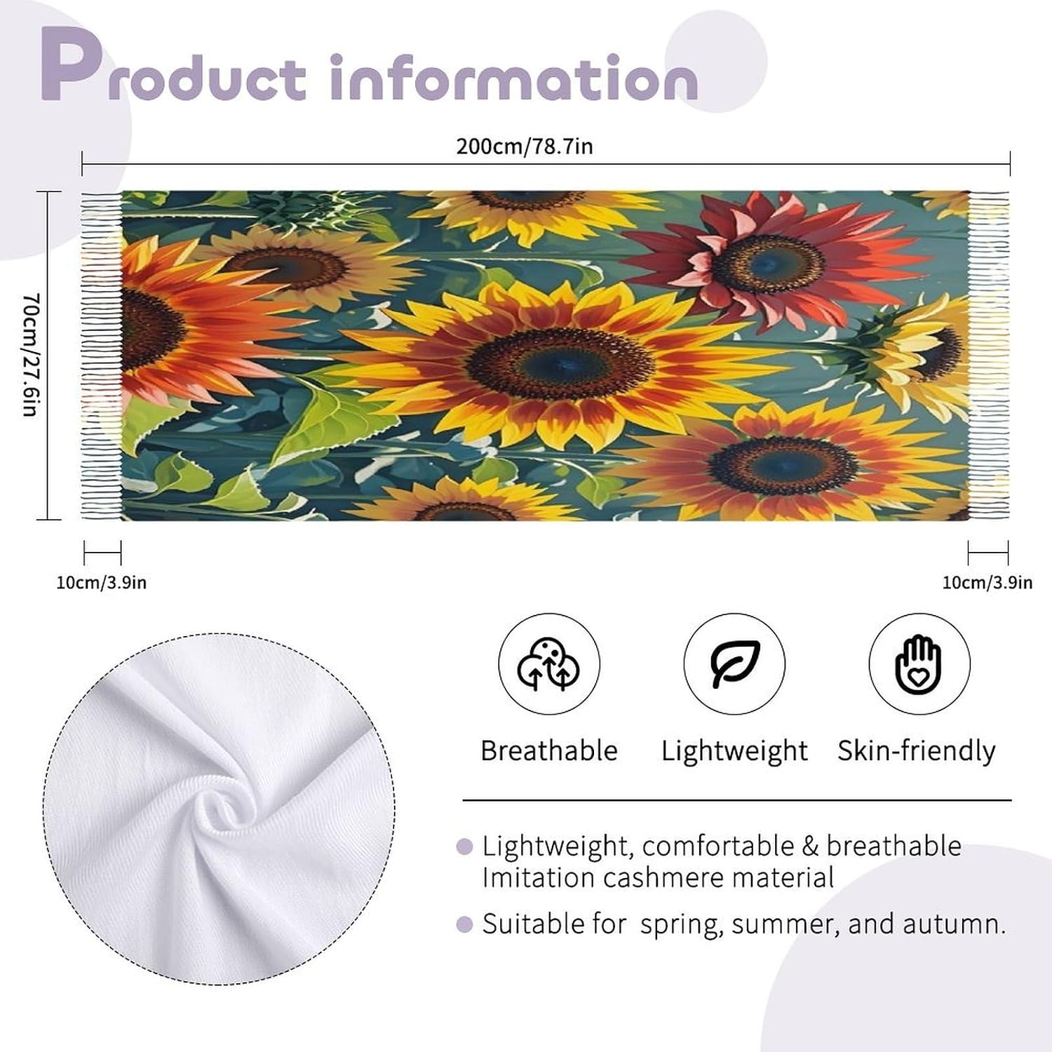 Red And Yellow Sunflowers Scarf for Women Men Classic Fashion Blanket Scarves Soft Cashmere Feel Scarf Cold Weather Warm Long Shawl Winter Large Scarves Classic Blanket Scarfs Thick