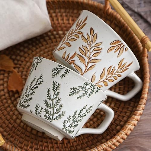 Miniatura 7 de Juego de 4 tazas de cerámica con cuchara de café, 11 onzas, taza de café vintage, tazas de cerámica para café, leche, café con leche, té capuchino,