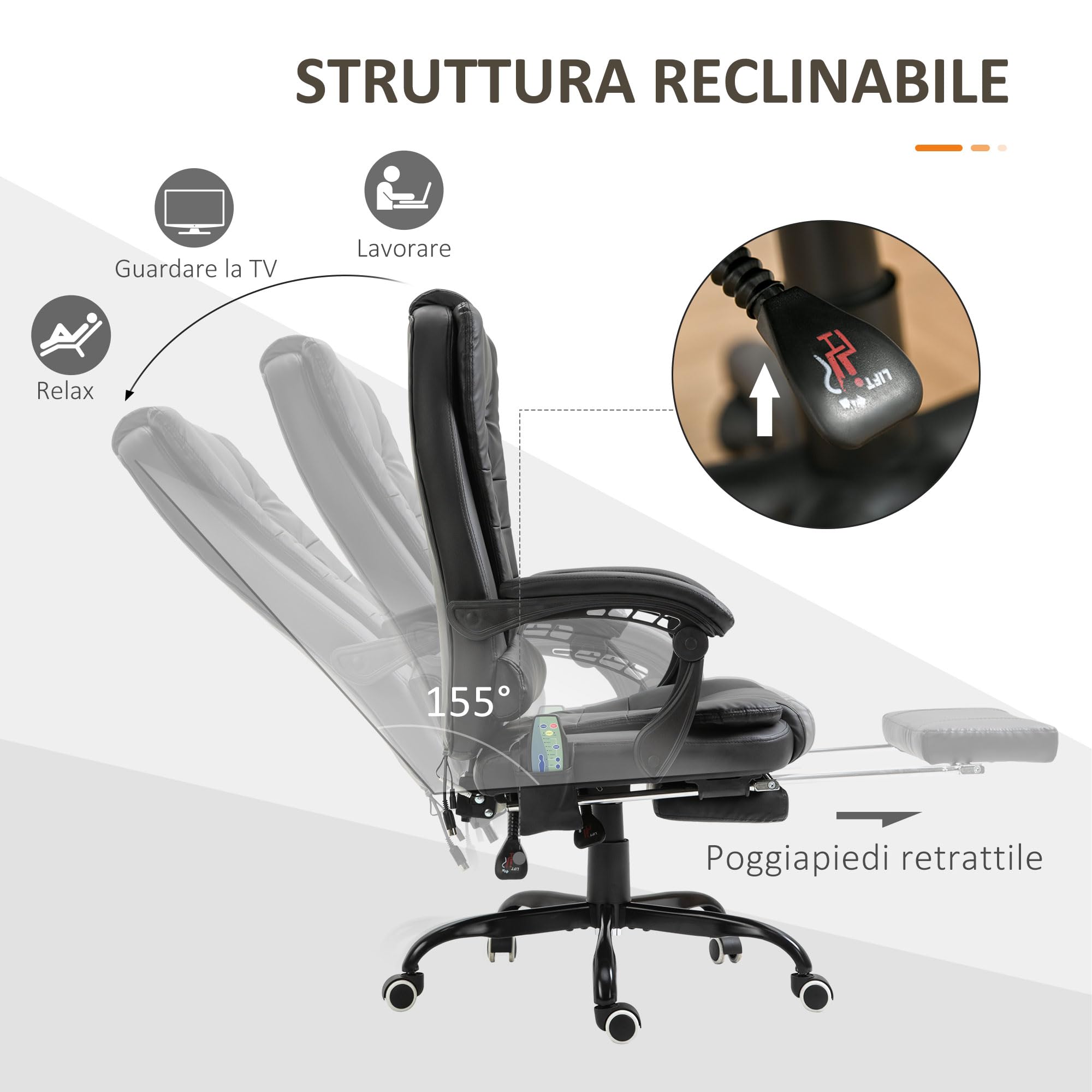 Vinsetto Sedia Ergonomica da Ufficio con 7 Punti Massaggianti e Poggiapiedi, Sedia da Scrivania Reclinabile in Pelle PU con Braccioli Imbottiti, Altezza Regolabile e Ruote Girevole, per Studio, Nero