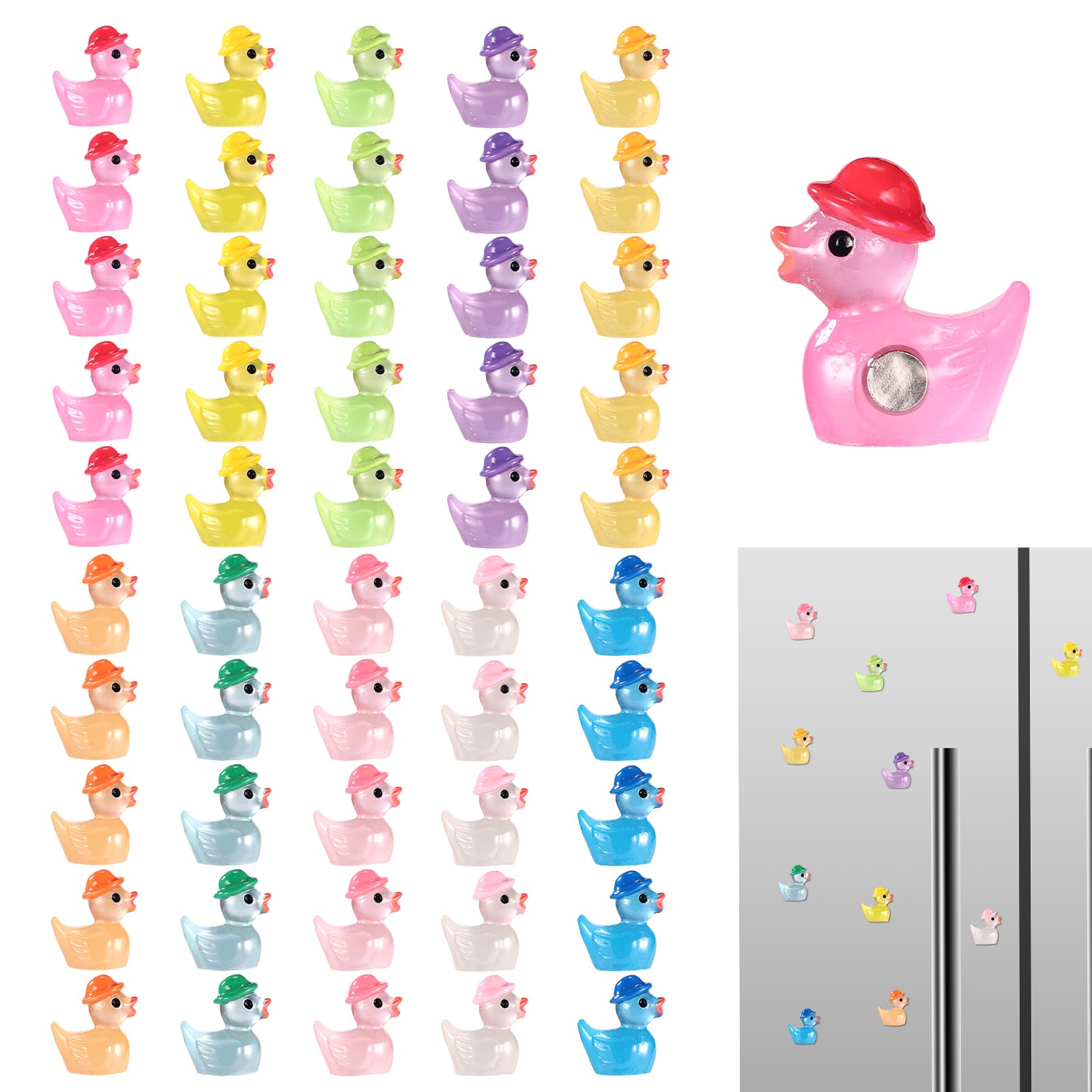 50pcs Mini Resin Duck Fridge Magnets, Luminous Magnetic Tiny Hat Duck Cute Decorative Magnets for Refrigerator Locker Whiteboard Office Kitchen Decoration (10 Colors)