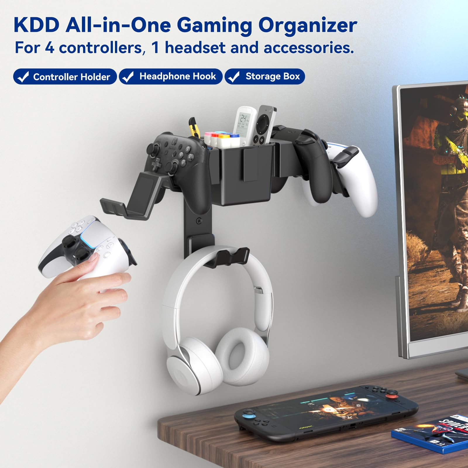 Support Mural Gaming Pour Casque & Manettes - 4 Crochets + Boîte Rangement - Compatible Xbox PS5 Switch - Silicone Anti-Rayure - Pour Bureau Chambre Gamer
