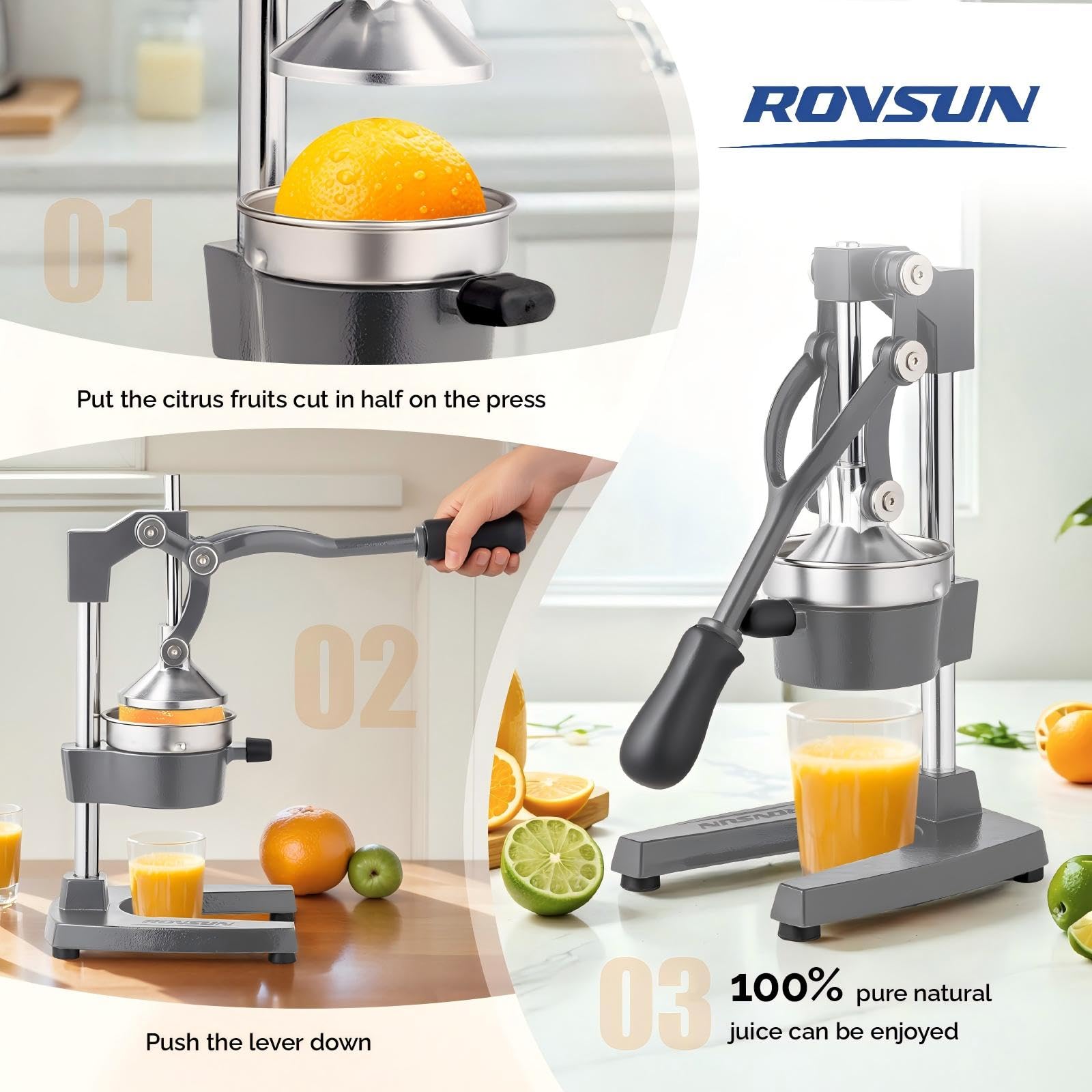 ROVSUN Exprimidor Manual de Zumo, Exprimidor Inoxidable con Filtro, Acero y Hierro, Fácil de Limpiar, con Vaso de Acero Inoxidable, para Naranja, Limón, Granada y Pomero, Gris
