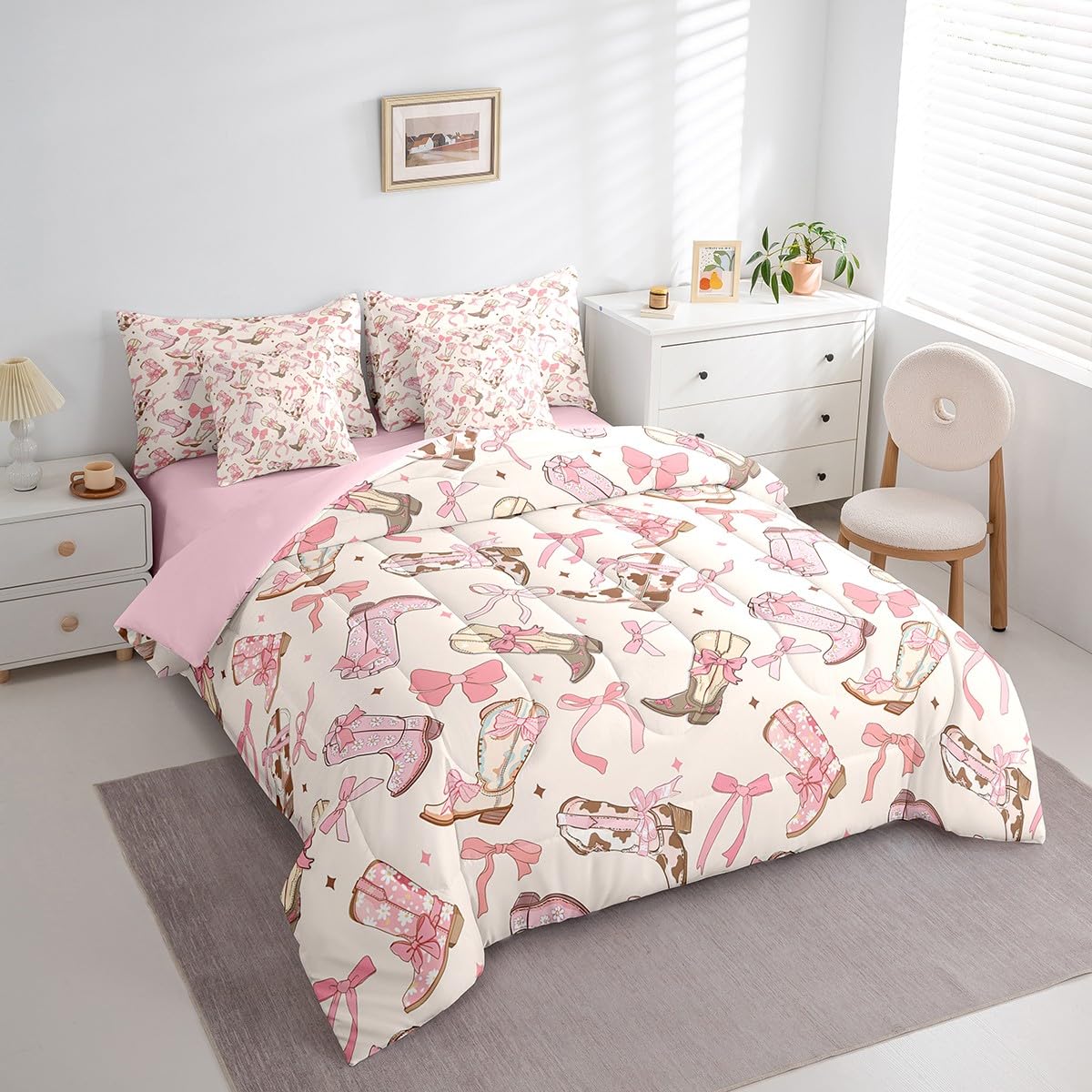 Feelyou Pink Bow 7-Piece Bedding Set, Twin Size Kids Cute Bowknot Bed in a Bag, Girls Bow Bed Set Includes Comforter, Sheet Set, Pillowcases & Pillow Covers Breathable Western Boots