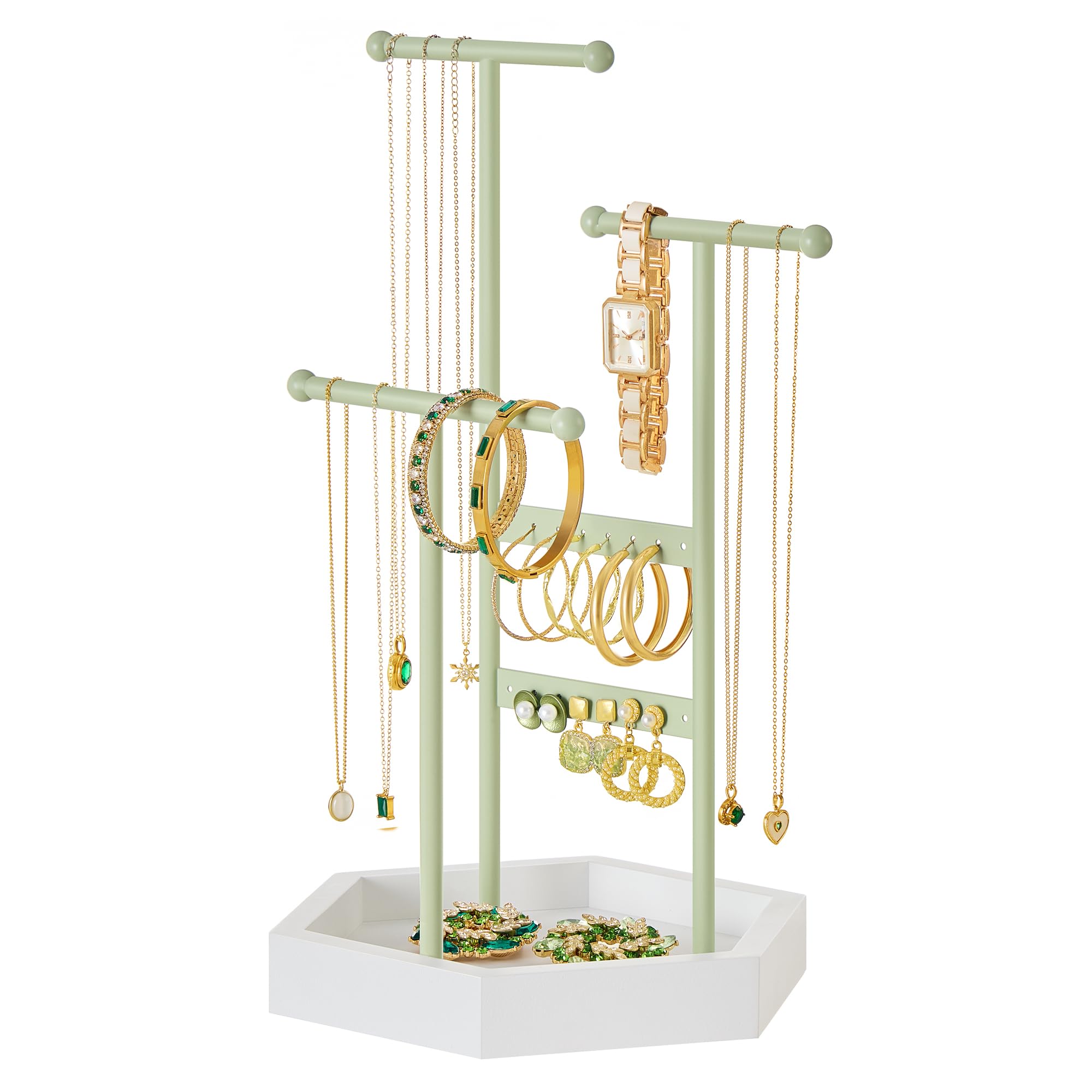 SONGMICS Jewelry Holder, Jewelry Organizer, 3 Tiers and 1 Tray, Jewelry Display Stand with Metal Frame, Necklace Earring Bracelet Holder, for Rings, Laurel Green and Cloud White UJJS003C01 L