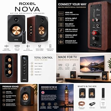 Roxel Nova Active Bookshelf Speakers, 100W RMS Stereo Sound, Wireless BT 5.4, HDMI ARC, Optical Input, Remote with LCD, Bass & Treble Control, for TV, PC, Gaming & Music (Walnut)