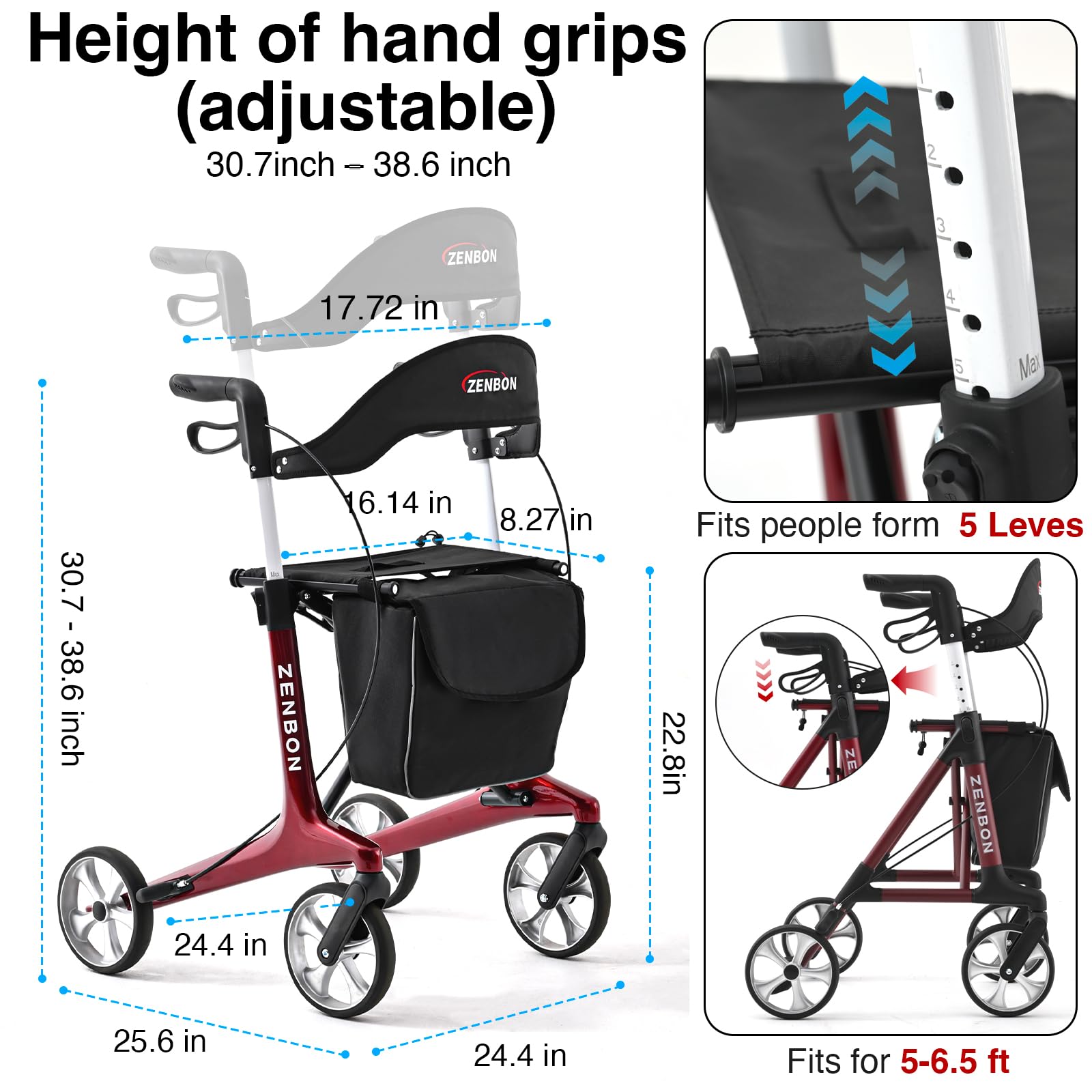 Deambulatore Carbonio Ultralight 5,5 kg: Rollator 4 Ruote Pieghevole e Leggero con Sedile Deambulatore in carbonio per Anziani - Rollator Pieghevoli Leggeri per Viaggi nel Bagagliaio e in Aereo