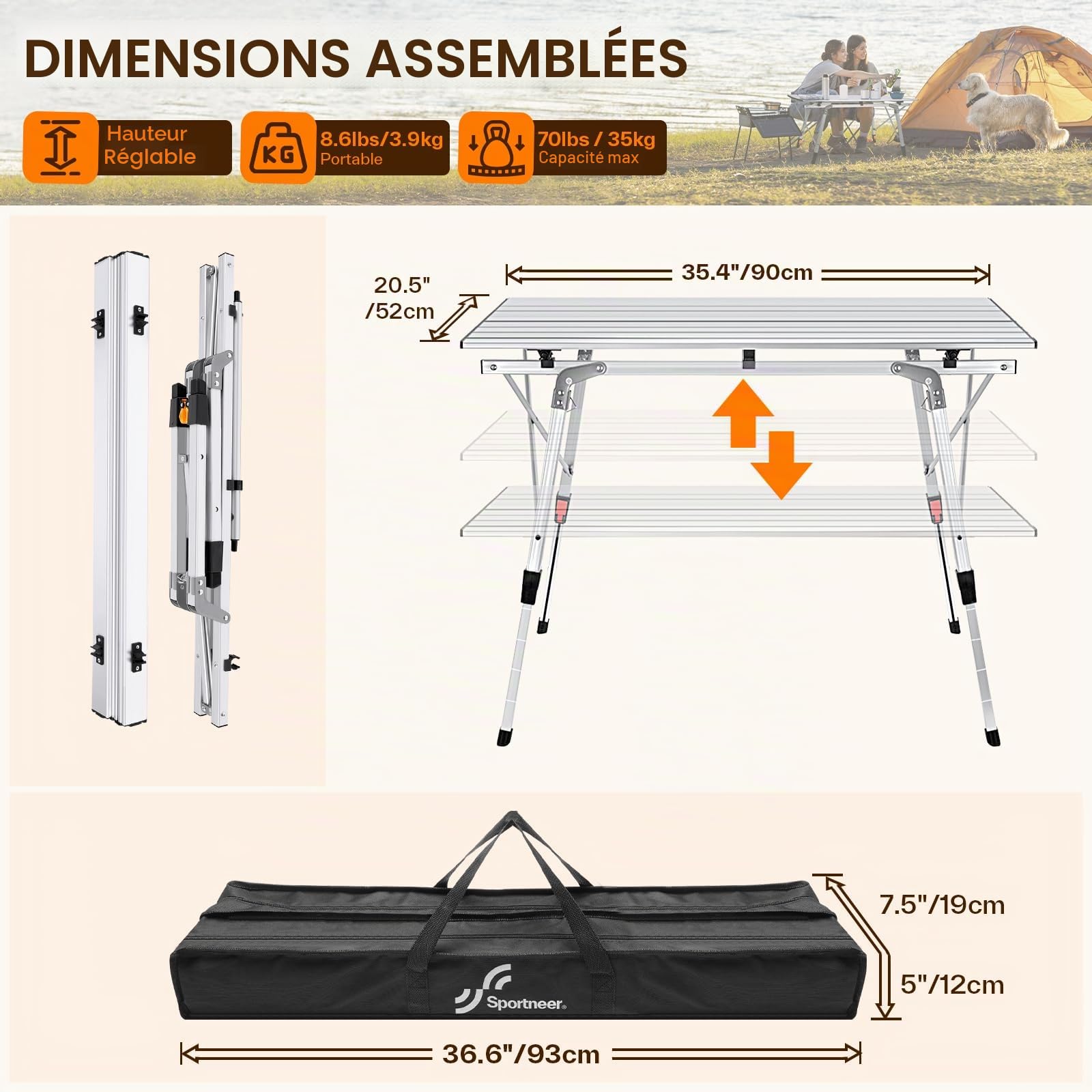 Sportneer Tables de camping pliantes, légères, réglables en hauteur, en aluminium avec couche supérieure en maille, table de camping enroulable pour camping, pique-nique, plage, camping-car, jardin,