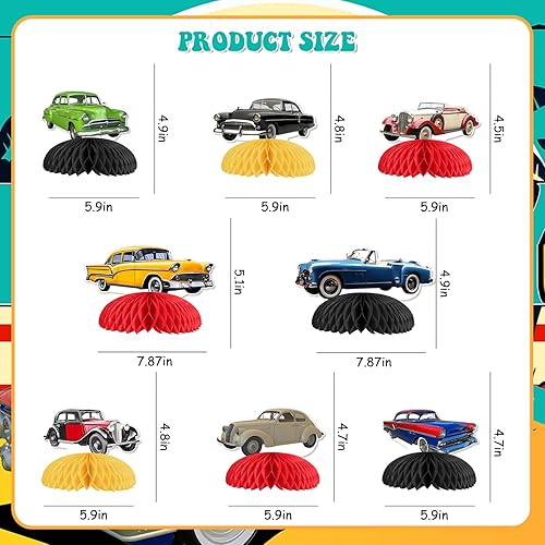 Miniatura 4 de Decoraciones clásicas para fiestas de automóvil, 8 piezas de centro de mesa de auto clásico de panal de abejas convertibles, centros de mesa de