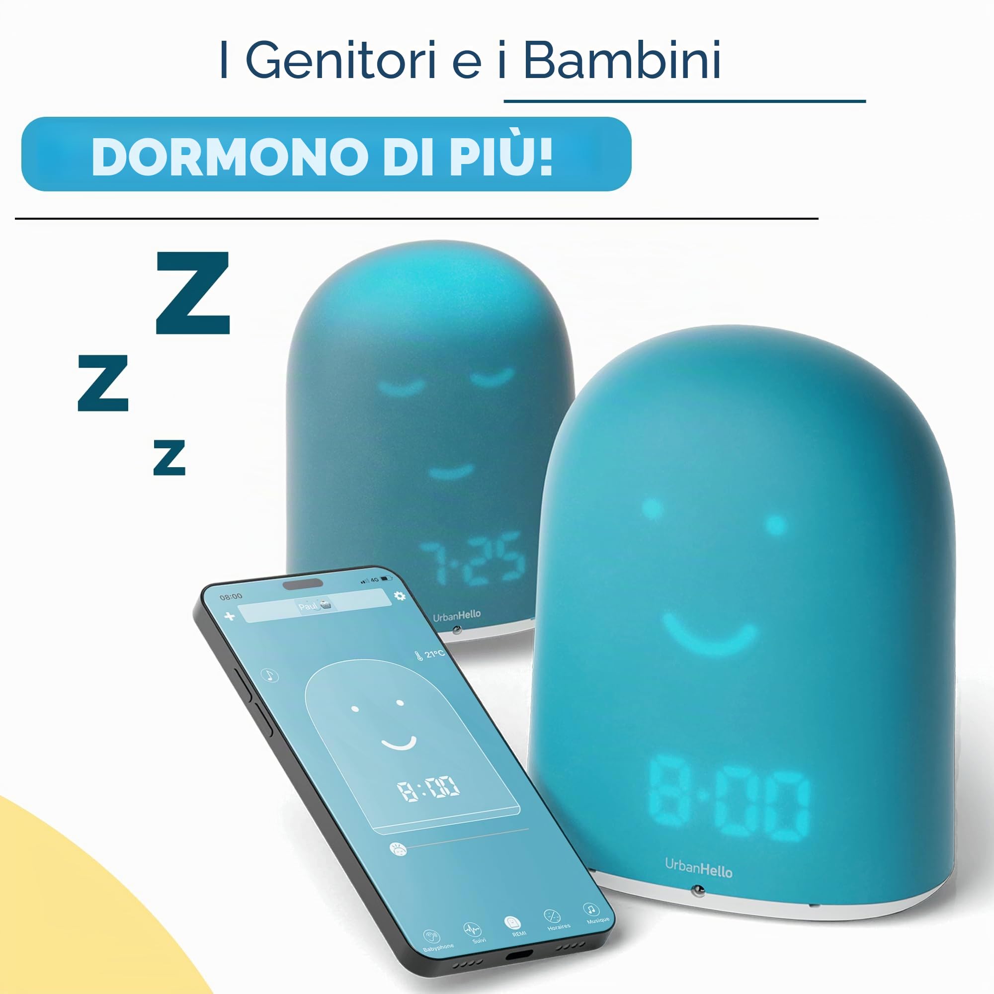 UrbanHello Remi - Il miglior Sveglia per Bambini per Imparare a Dormire di più, Baby Phone Audio, monitoraggio del Sonno, Luce Notturna, Altoparlante Musicale, Blu