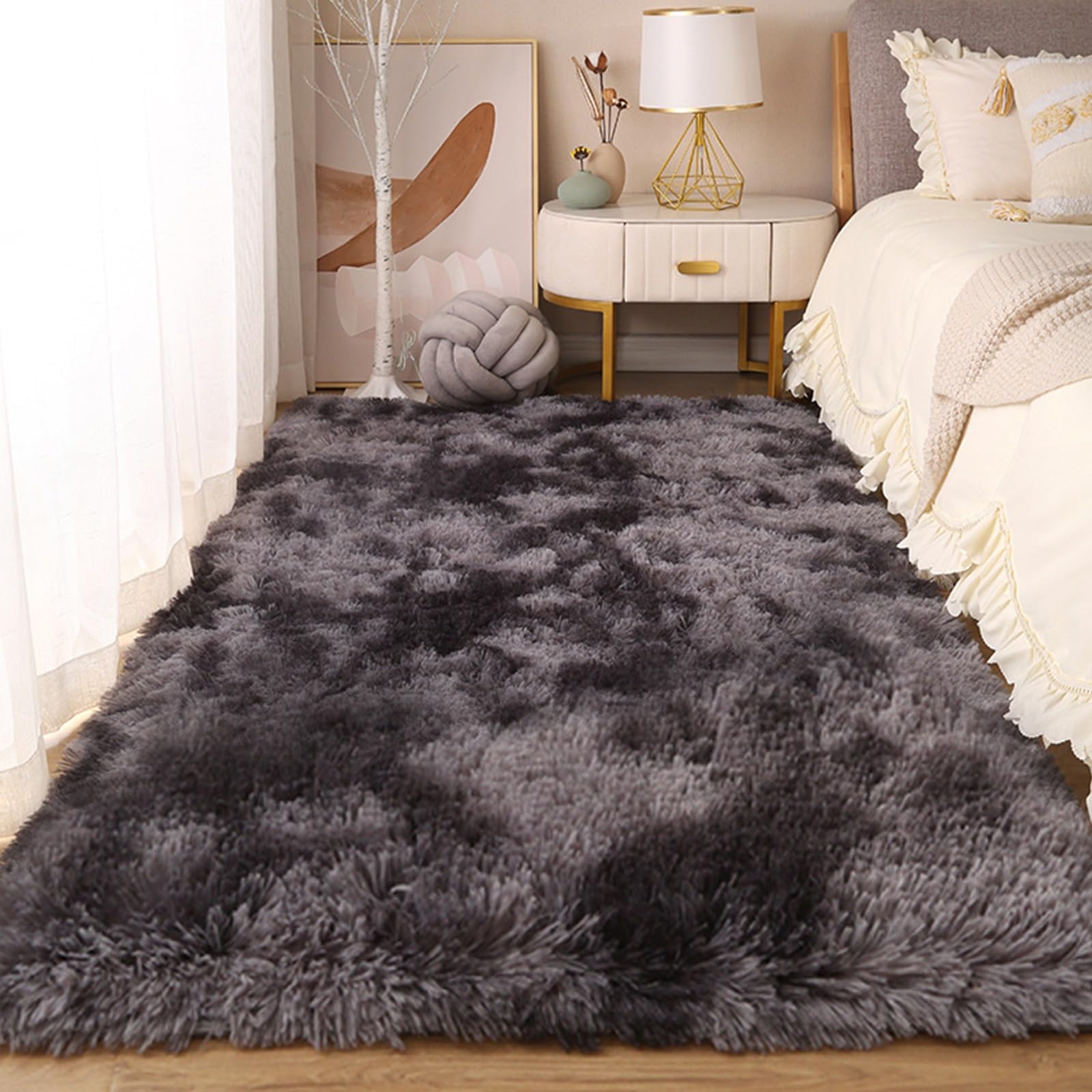Tapis de salon 205 x 345 cm grand tapis poils longs gris foncé lavable