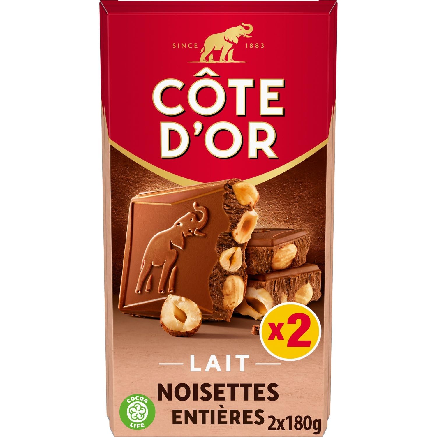 Tablette de Chocolat Lait Noisettes Entières COTE D'OR - Les 2 tablettes de 180 g Lot De 3 - Par Lot