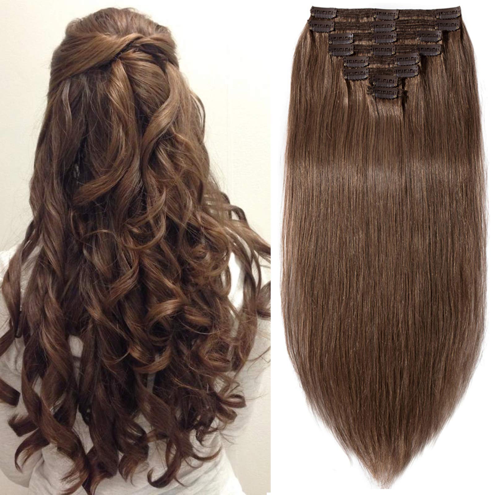 SEGO Extension Capelli Veri Clip Marrone 50cm Double Weft Volumizzante 8 Fasce Naturali 100% Remy Human Hair Lisci 150g Full Head #30 Castano Ramato Chiaro