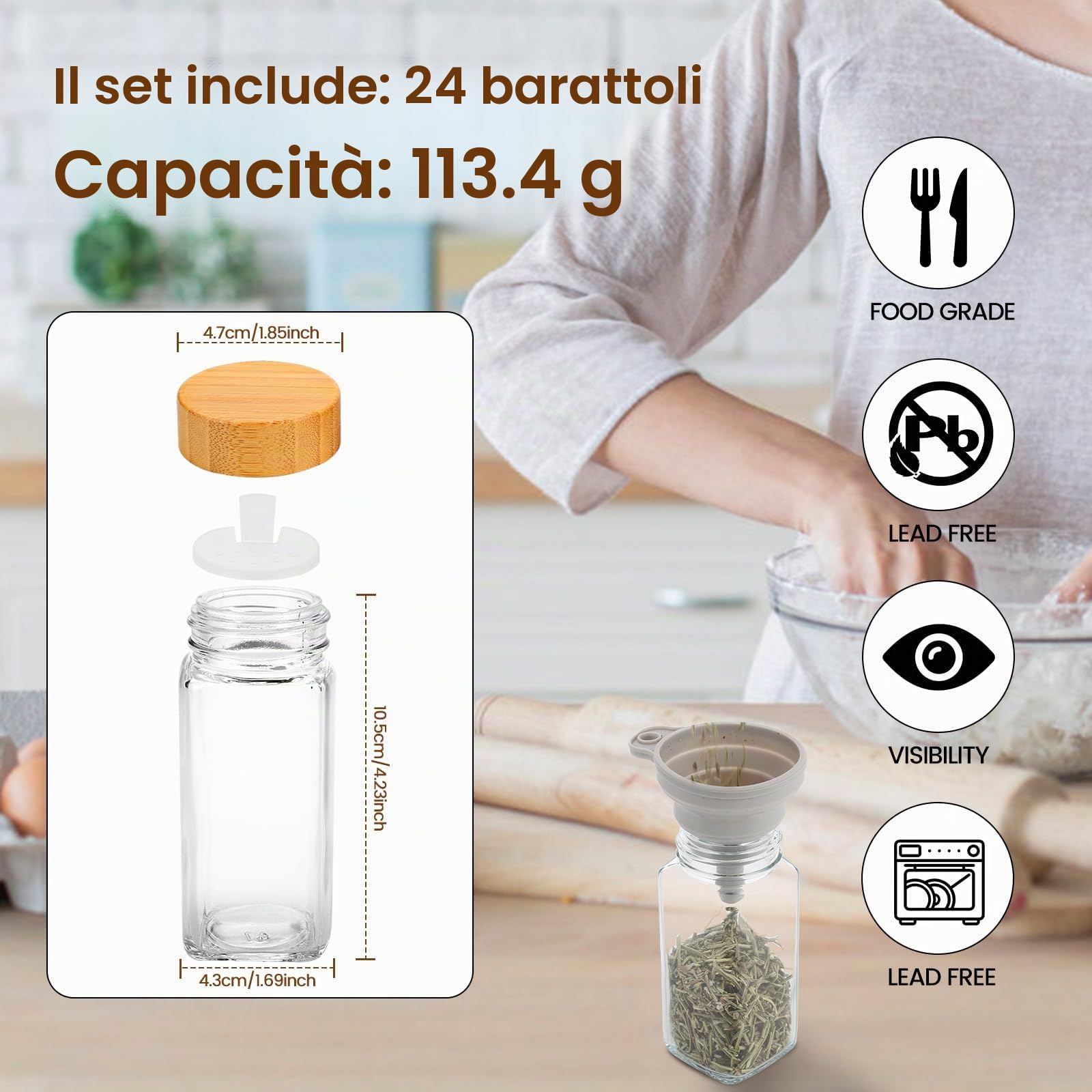 Lannvan Set di barattoli per spezie rettangolari [24 x 120 ml] con coperchio in bambù, contenitori per spezie con 246 etichette, contenitore per spezie con imbuto, adesivi vuoti, spazzola per la