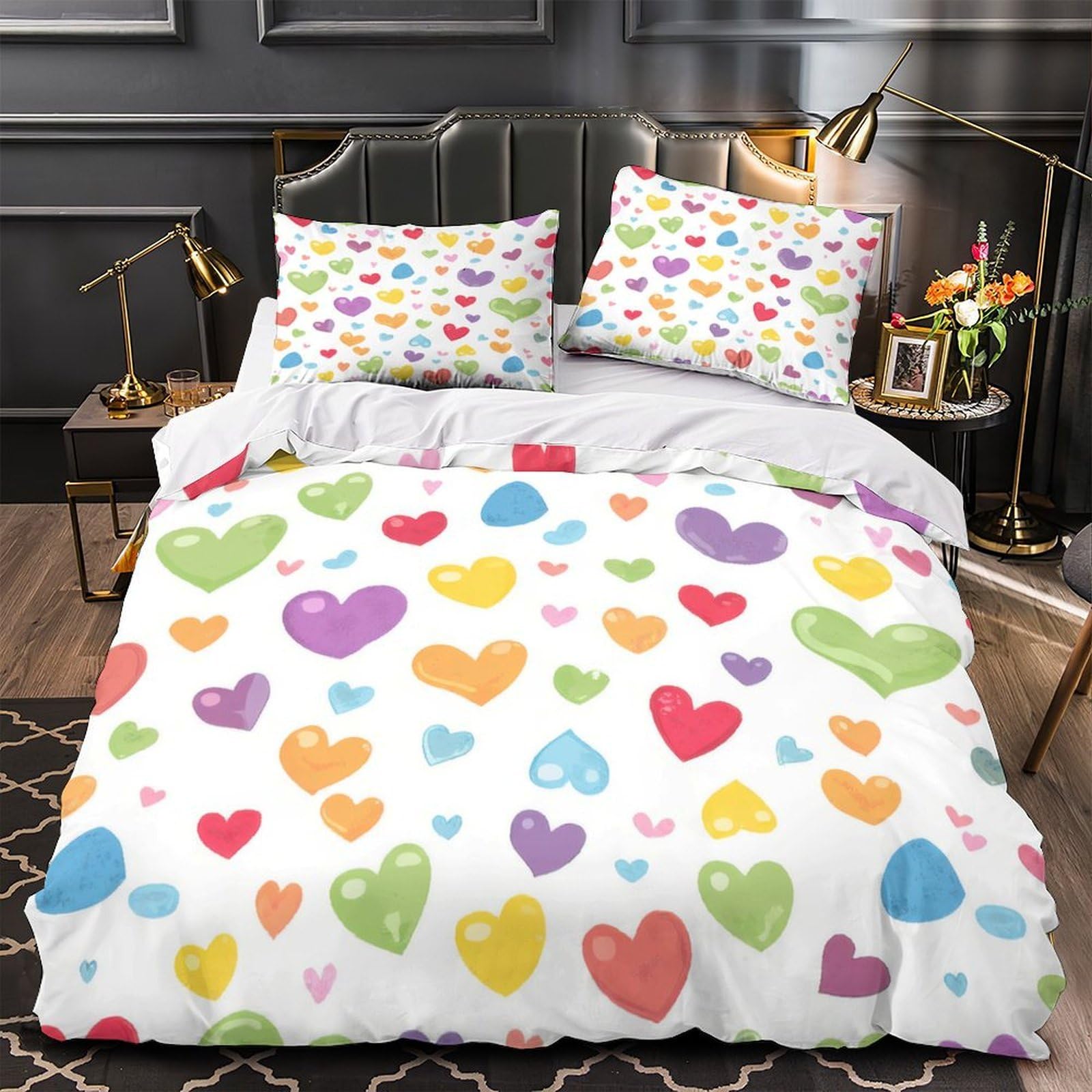 Housse de couette anti-allergie cœurs colorés zip invisible