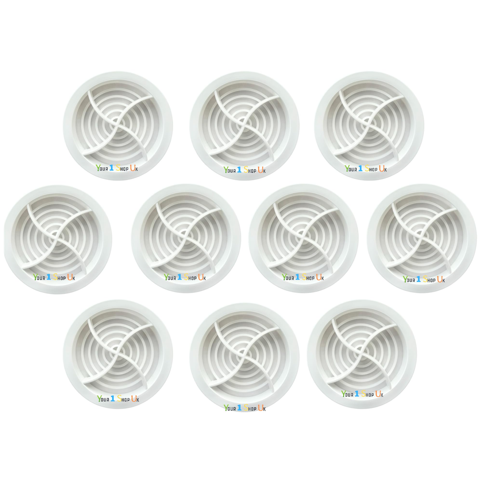 Circular Soffit Vent, 70mm UV-Resistant Plastic, Push-Fit for Roof, Fascia and Eave Ventilation, Available in Black, Grey, White and Brown Sold in Pack of 10 (White)