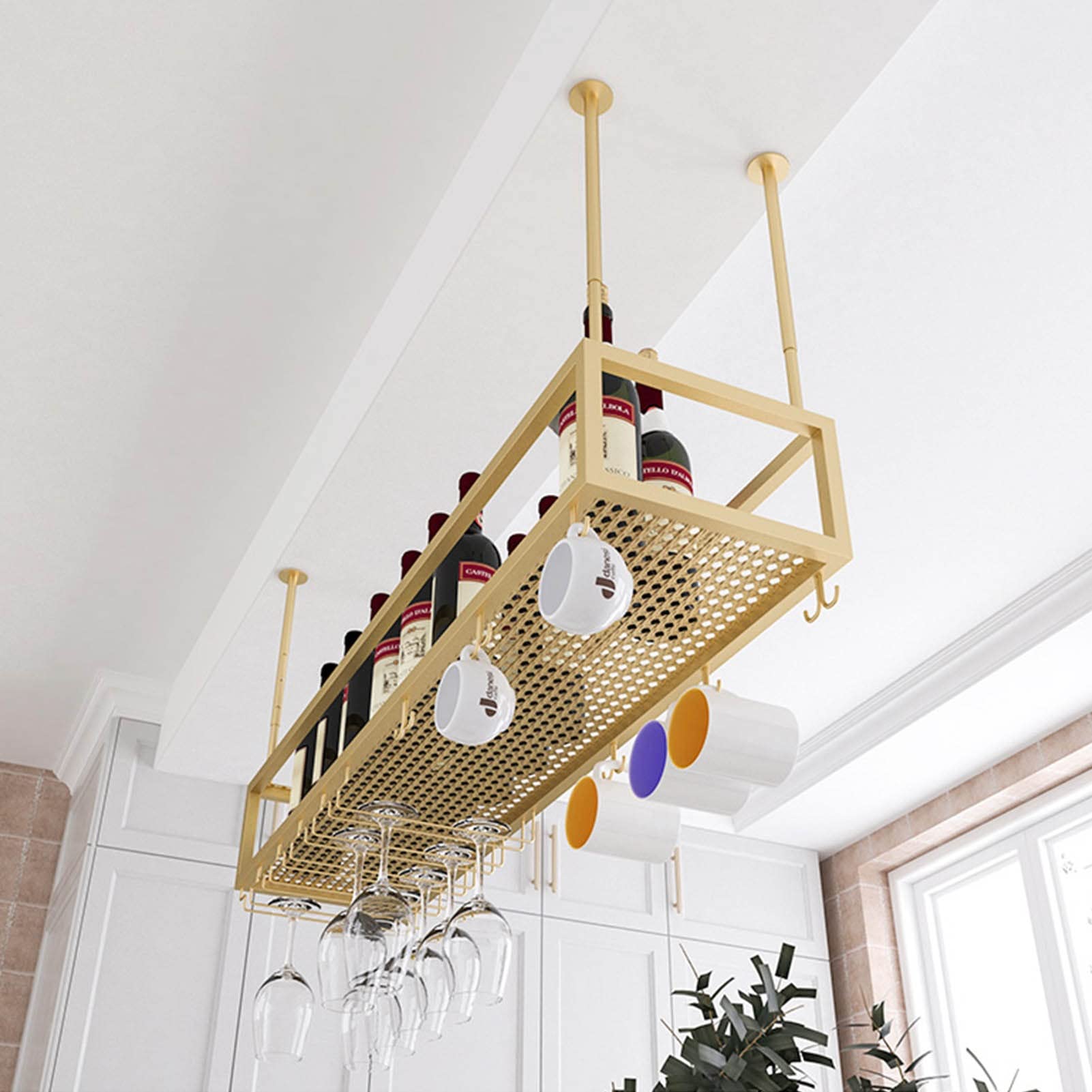 Étagère à bouteilles en métal avec support de rangement pour verres à vin suspendu