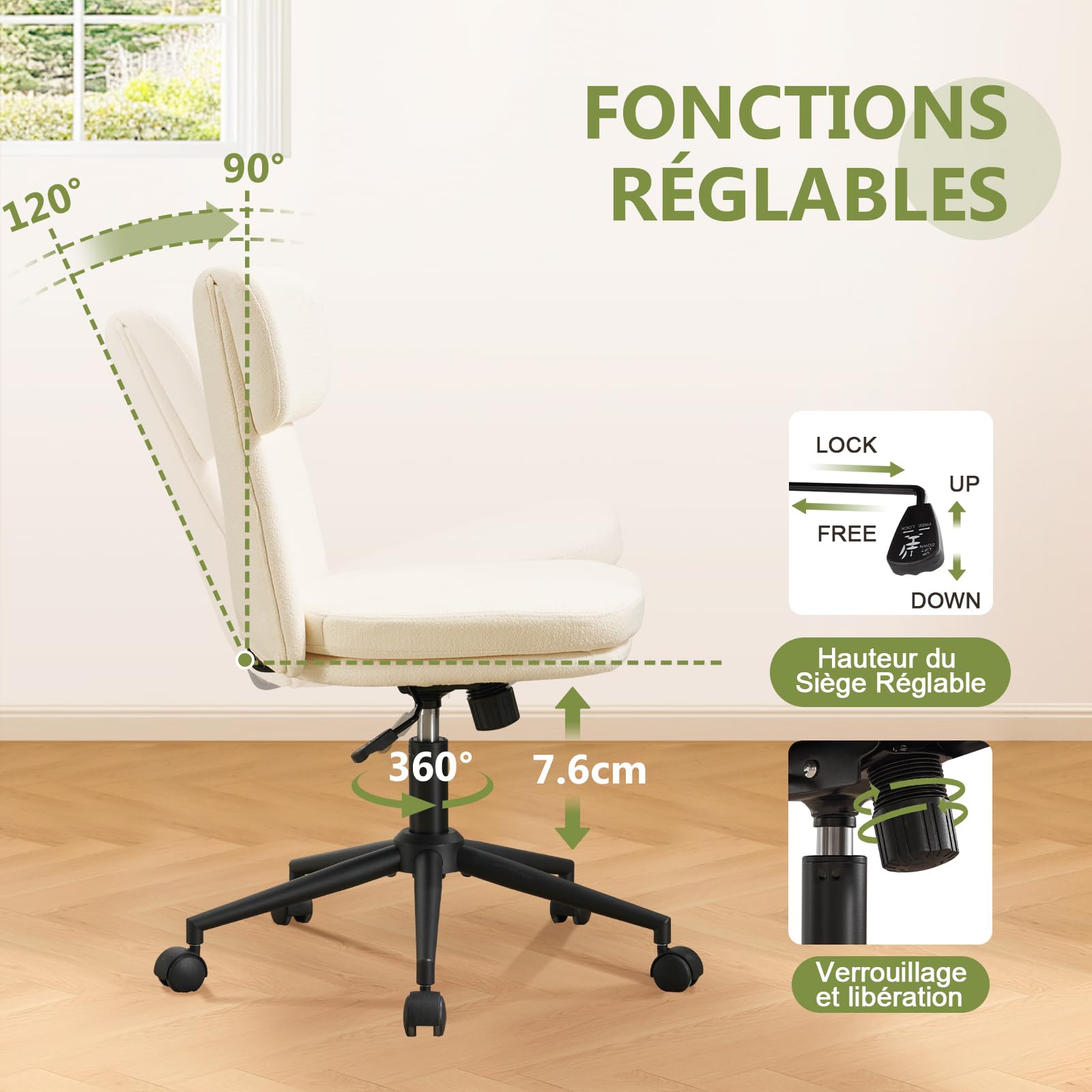 Chaise de Bureau en Chenille Fauteuil de Bureau Chaise de Coiffeuse, Fauteuil Bureau Réglable en Hauteur avec Dossier Inclinable Pivotante à 360°, Ergonomique pour la Chambre (Blanc-1)