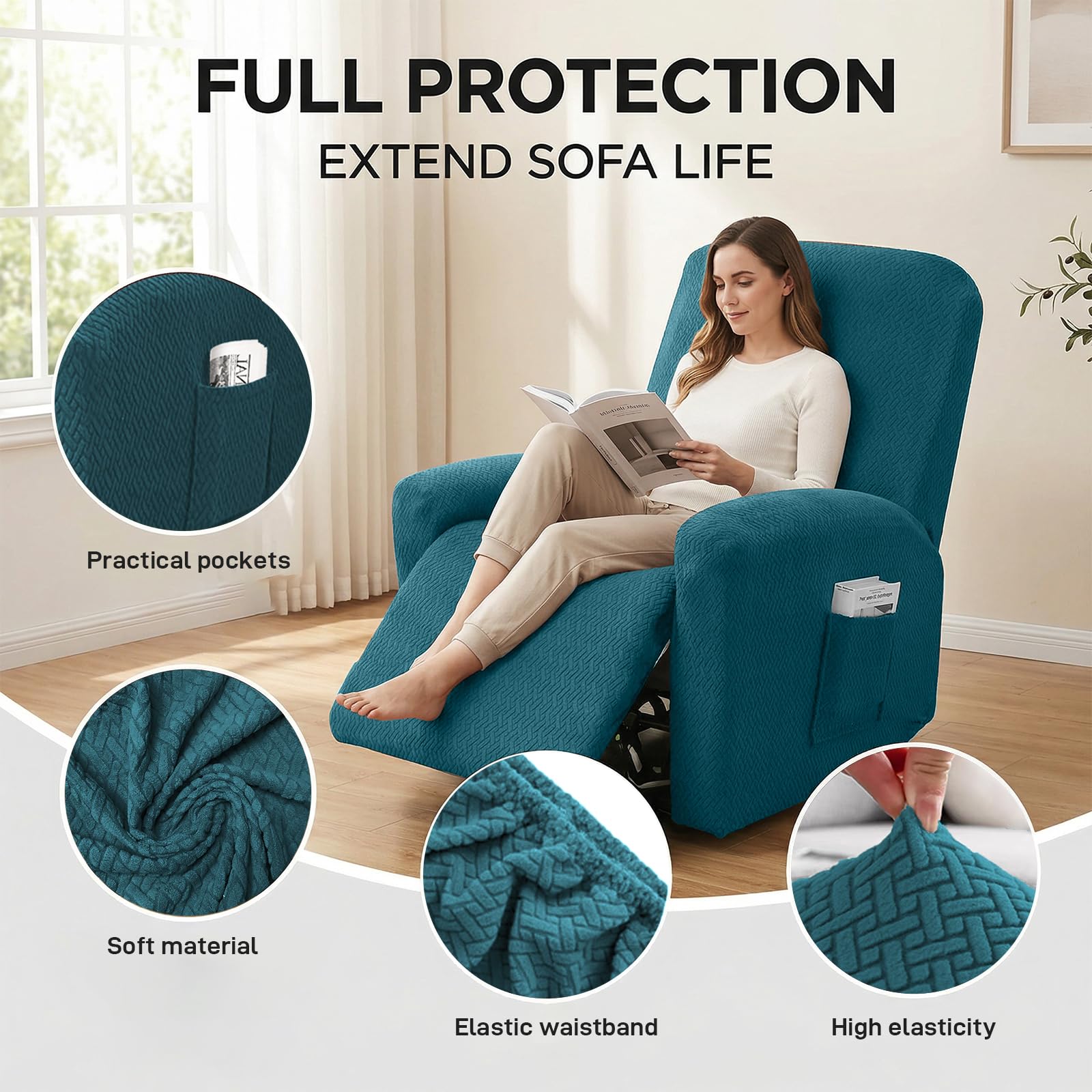 MeYuxg Set di 4 Copri Poltrona Relax Reclinabile, 1 Posto Elasticizzato con Tasche e Braccioli, Utte le Inclusive Strisce Jacquard, Lavabile (Verde)
