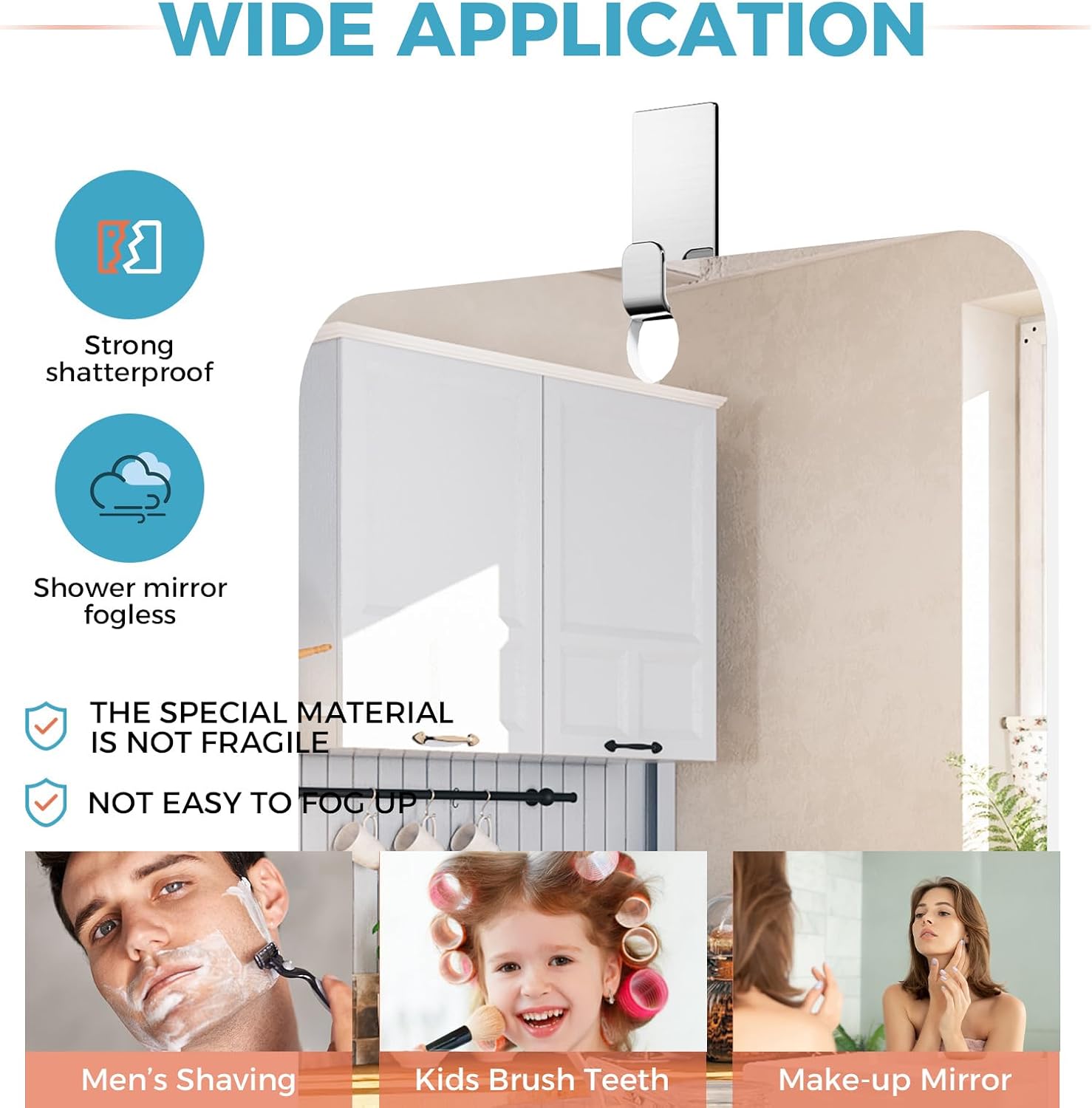 Shower Mirror Fogless for Shaving, Fogless Mirror for Shower with 1 Adhesive Hooks, Bathroom Shatterproof Shaving Mirror - for Men and Women (Silver) (10" Lx 8" W)