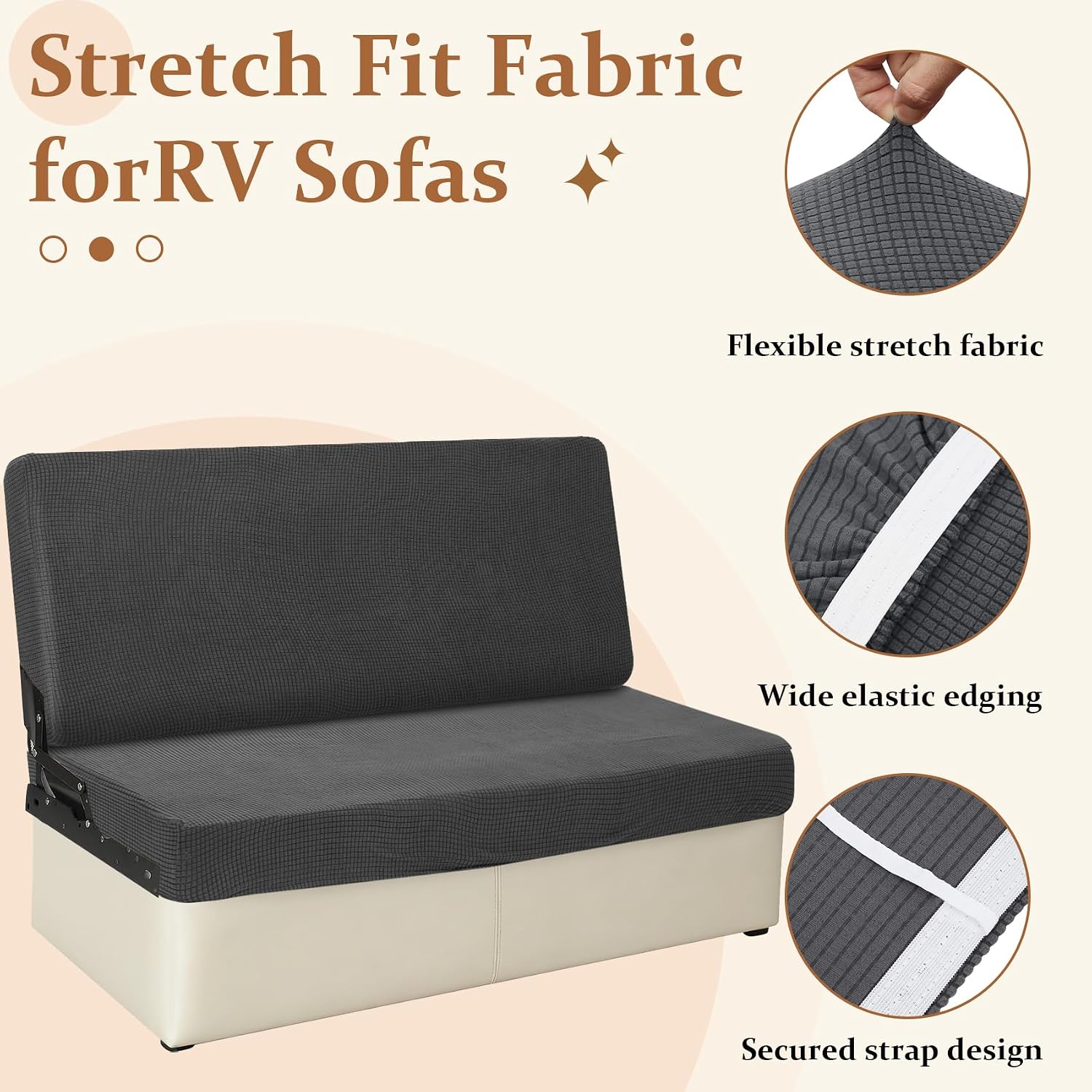 Waterproof RV Couch Covers for Sofa Bed - 2-Piece Stretchable Jackknife Sleeper Sofa Cover, RV Furniture Slipcover, Dark Gray