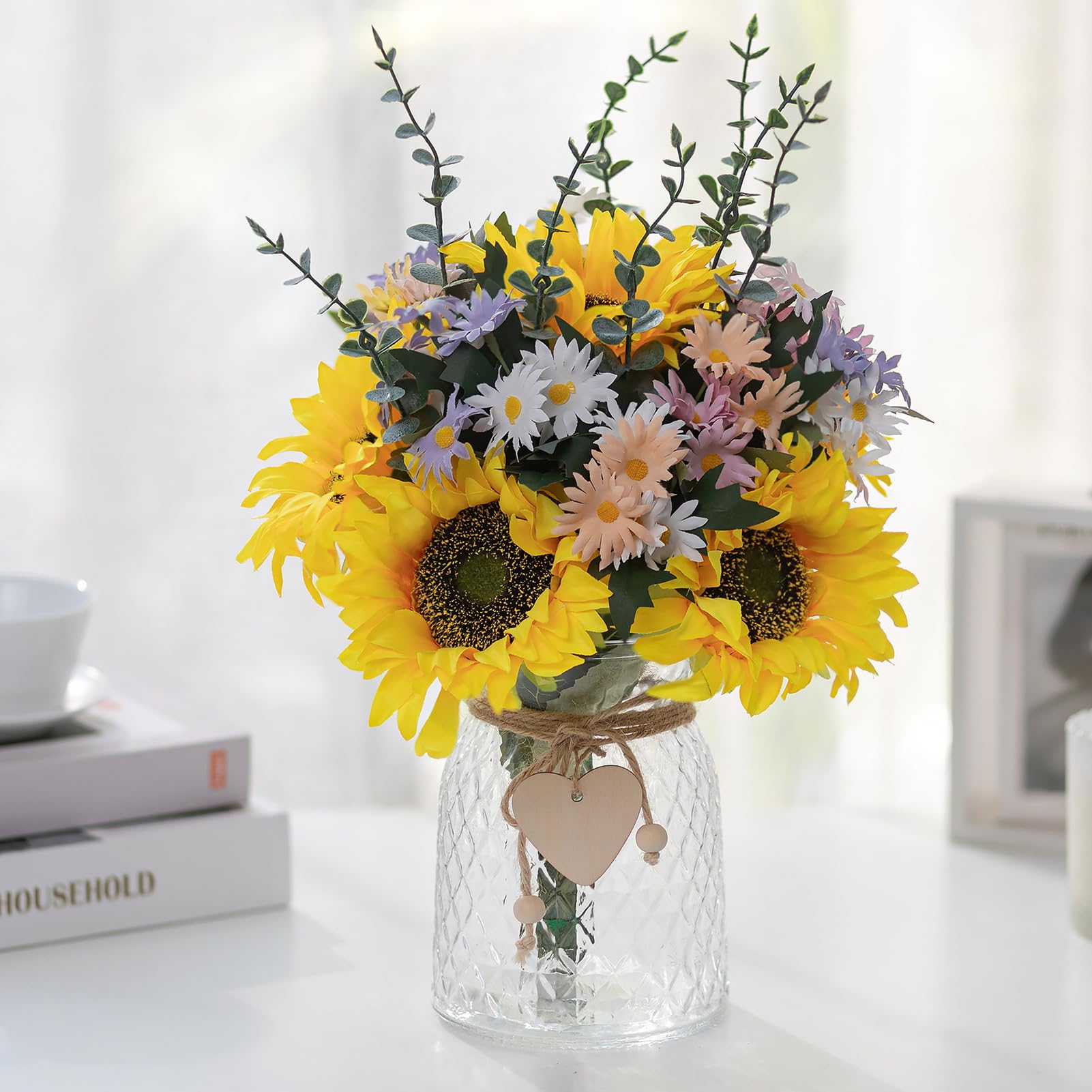 NUPTIO Artificial Flowers in Vase for Table: Faux Sunflower Bouquet Arrangement in Vase for Home Living Room Kitchen - Fake Decorative Flower Plant Centrepiece for Window Shelf