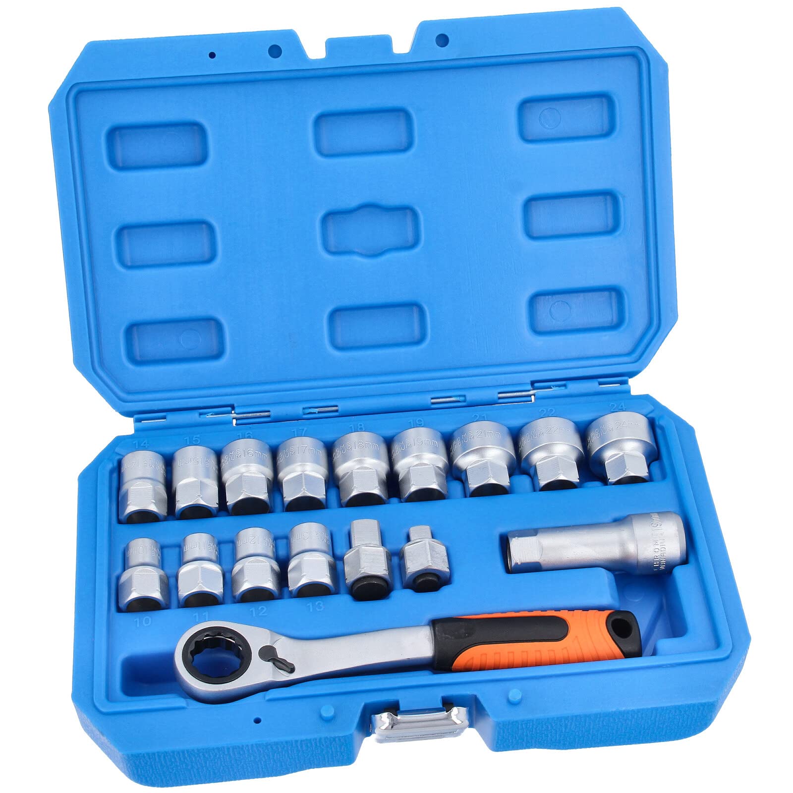GEPCO Jeu de clés à douille traversantes 10-24 mm et cliquet réversible 19 mm 3/8" 1/2" 17 pièces