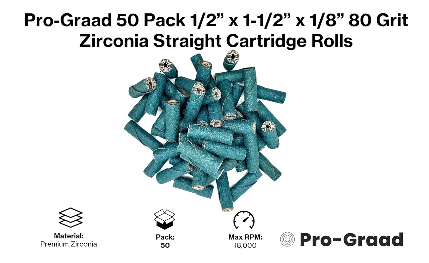 1/2” Diameter x 1-1/2” Length x 1/8” Pilot Hole 80 Grit Zirconia Straight/Untapered Cartridge Roll, 50 Pack, Includes 1x CR-9 Mandrel