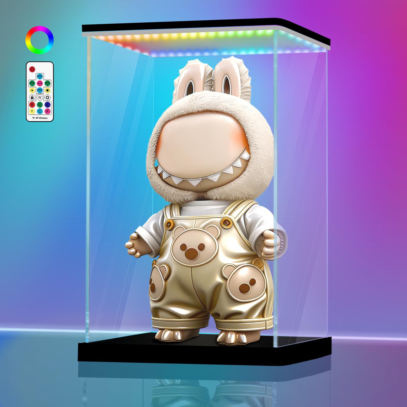 LANSCOERY Vitrine lumineuse RVB en acrylique, boîte de vitrine anti-poussière avec protection UV pour figurines, objets de collection, jouets - 24,9 x 18 x 41,9 cm
