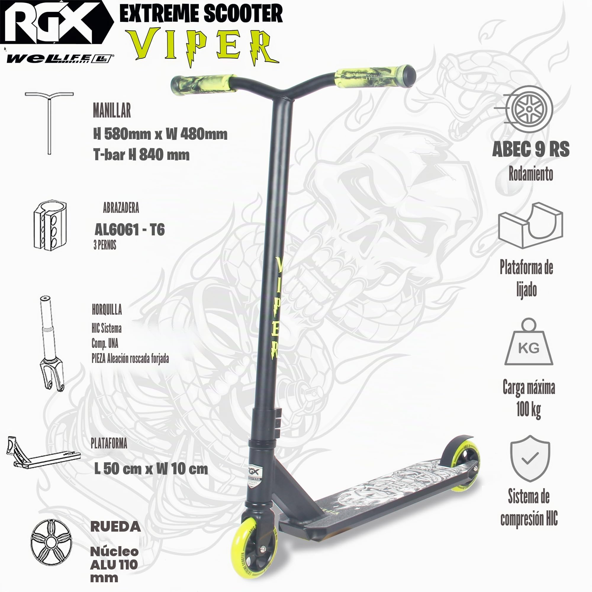 WeLLIFE Patinete Freestyle Viper RGX - Patinete Freestyle Profesional, Manillar HIC System, Ruedas PU 110mm y Llantas de Aluminio, Rodamientos Abec9, Patinete Acrobático para Adultos y Niños