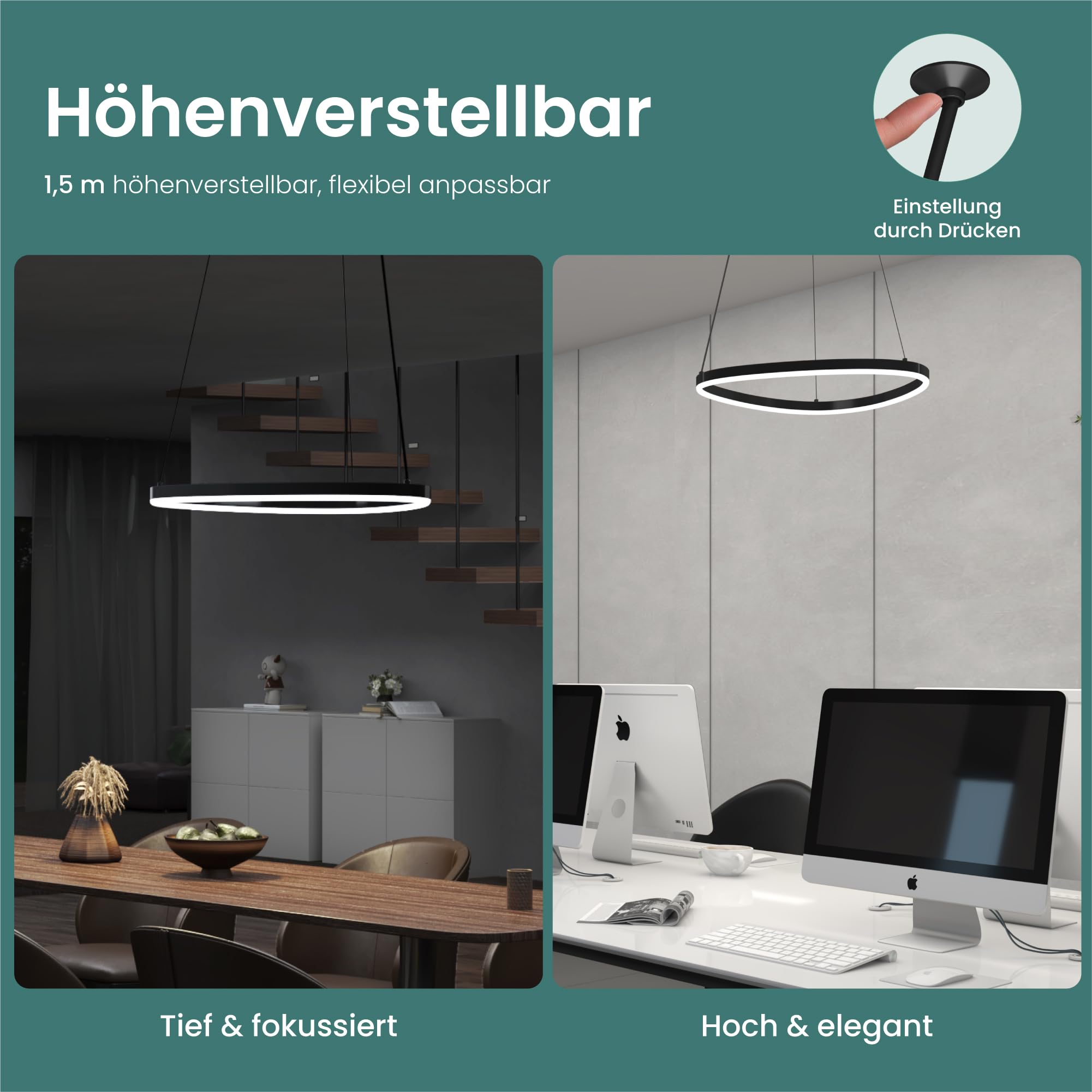 Mai & Mai LED Pendelleuchte Esstisch Stufenlos Dimmbare Fernbedienung & App | Pendellampe im Saturnring-Design Höhenverstellbar 50–150 cm, 3000–6000 K für Esstisch Wohnzimmer Küche, Luvina06