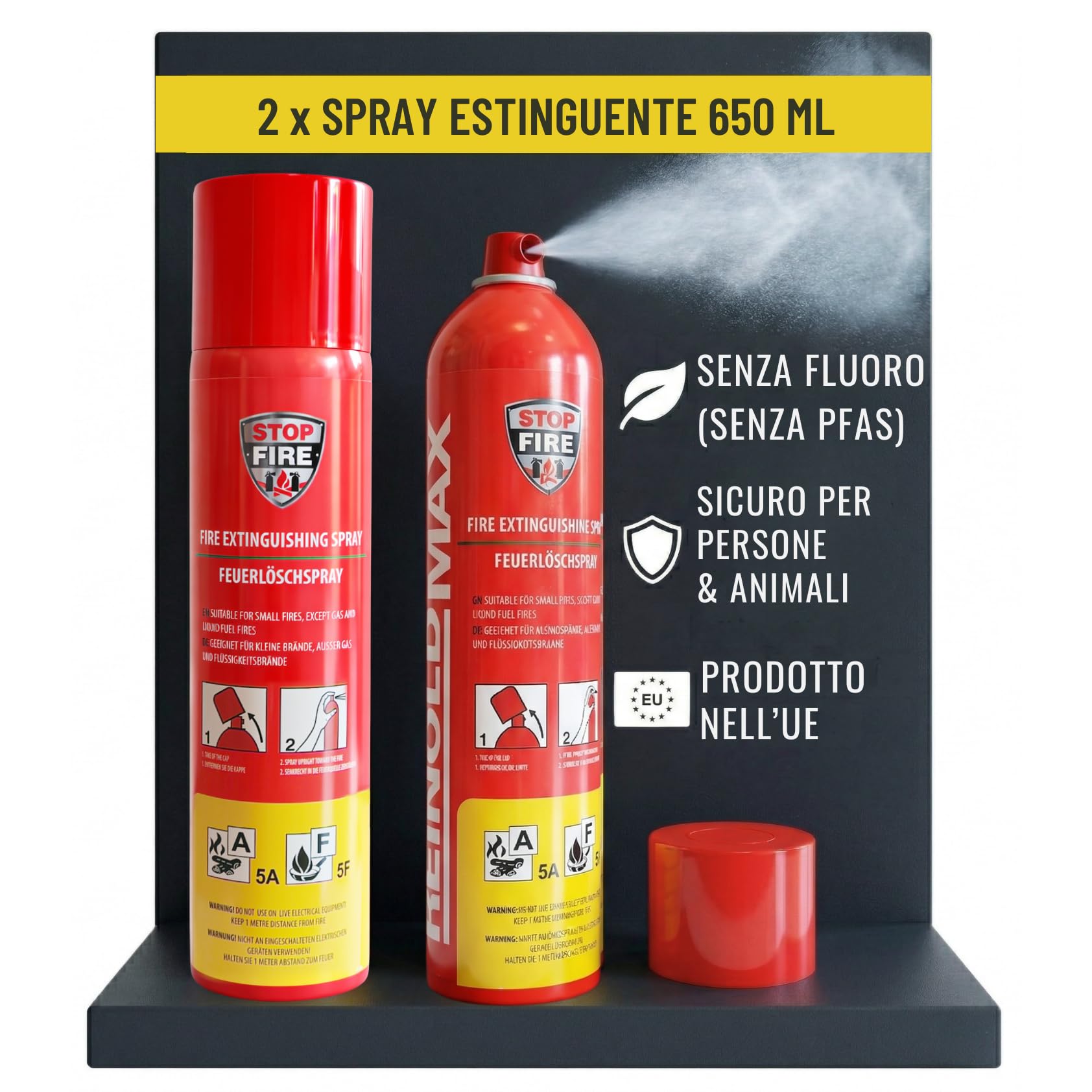 2x Mini Estintore Casa 650ml A, F, E fino a 1000V | Schiuma Senza Fluoro, Estintori per Casa Vacanze, Estintore Auto, Barca e Appartamento & B&B