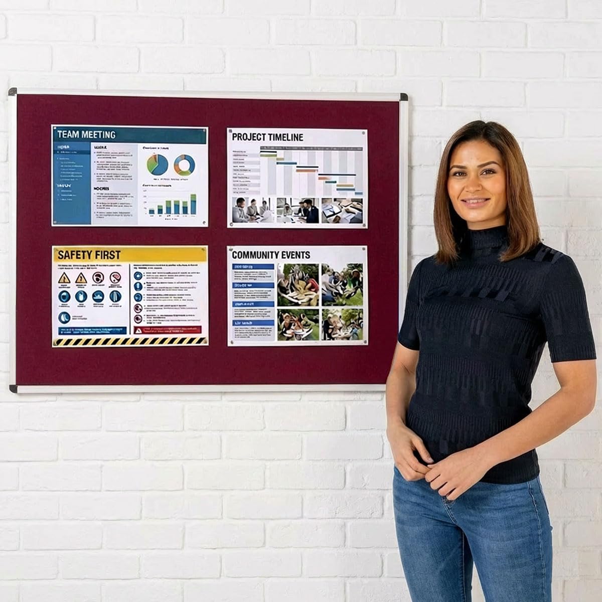 Wonderwall Premium Burgundy Felt Noticeboard,120 x 90 cm, Anti-Fade Pinboard with Aluminium Frame - Wall Fixings Included - Ideal for Office, School, Industry, Hubs, Venues — image 1