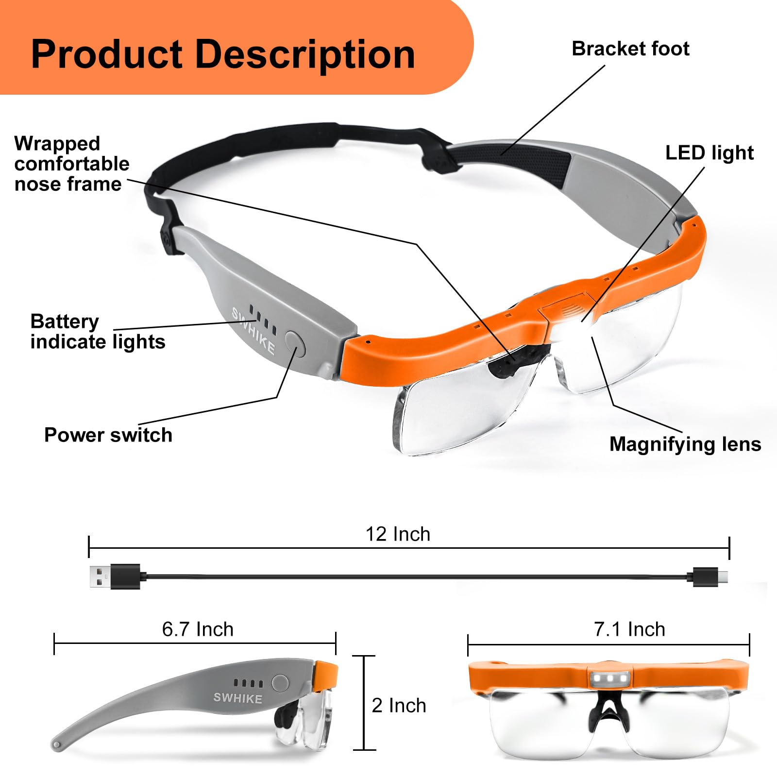 Lupe mit Licht, freihändig, wiederaufladbares Headset mit 5 abnehmbaren Gläsern für enge Arbeiten, Lesen, Schmuckherstellung (Orange und Grau)