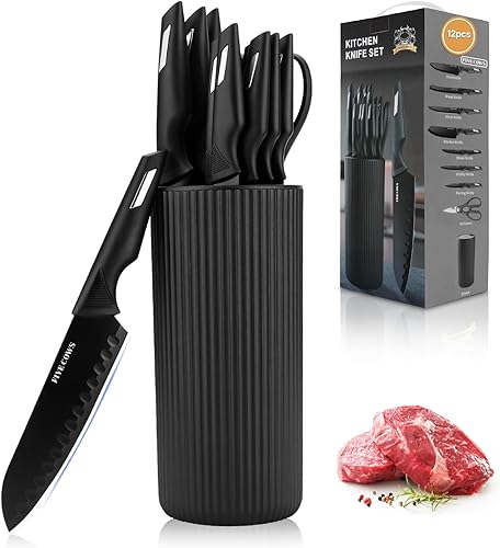 Juego de cuchillos de cocina de 12 piezas con bloque universal de cuchillos, antioxidante, antiadherente, acero inoxidable de alto carbono,