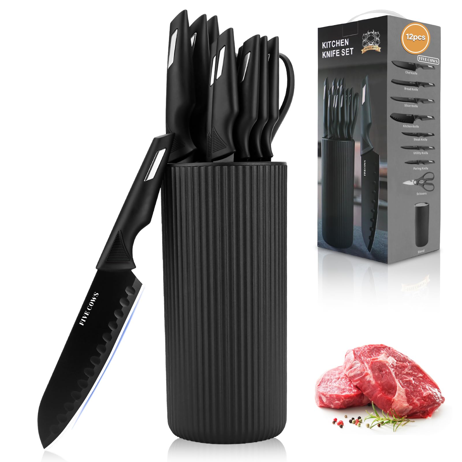 Knife Set 12-Piece Premium Kitchen Knife Set with Universal Knives Block Anti-Rust Non-Stick High-Carbon Stainless Steel Extra-Sharp Chef