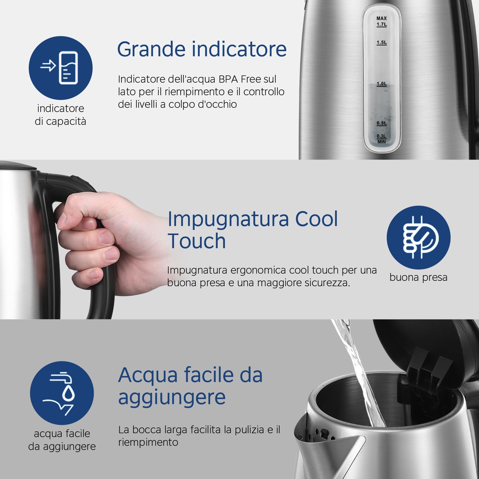 Midea Bollitore Elettrico 1,7L, Acciaio Inox, Kettle senza BPA, 2200 W, Bollitore Acqua con indicatore del livello dell'acqua, indicatore LED, Base di rotazione a 360°